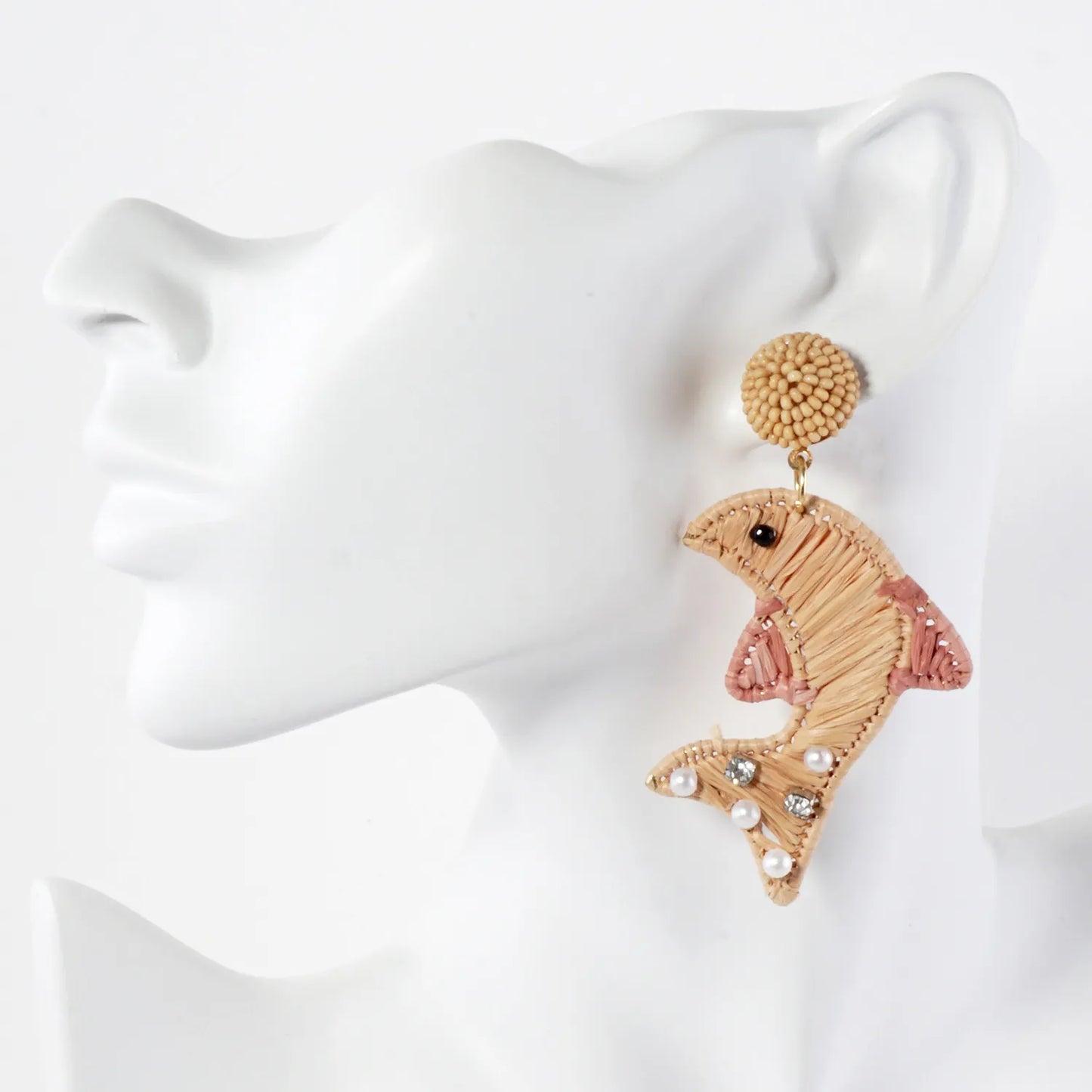 Raffia-Wrapped Dolphin Drop Sea-Life Statement Earrings