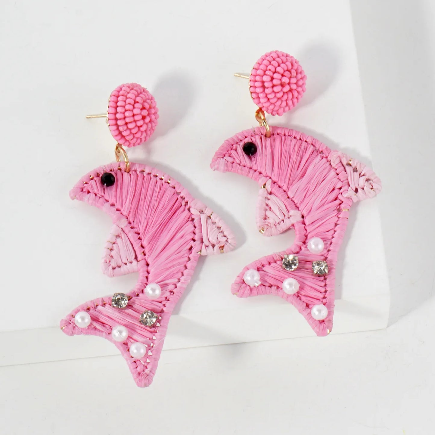Raffia-Wrapped Dolphin Drop Sea-Life Statement Earrings