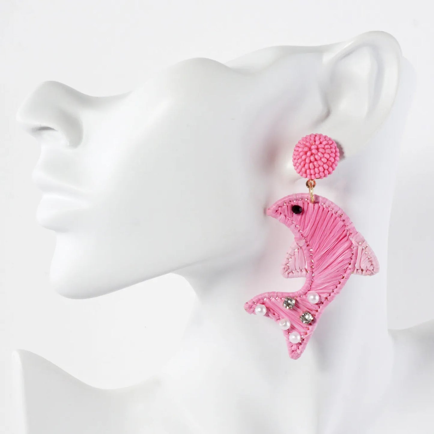 Raffia-Wrapped Dolphin Drop Sea-Life Statement Earrings