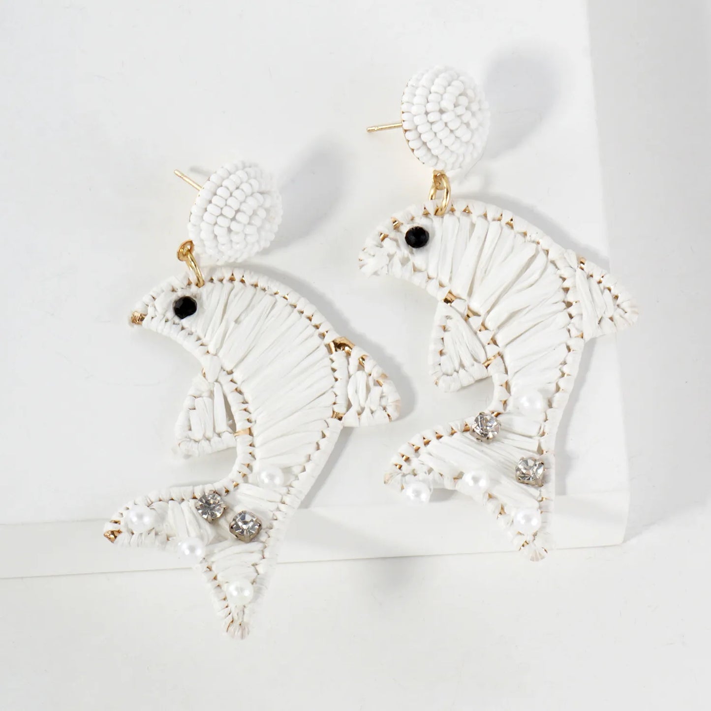 Raffia-Wrapped Dolphin Drop Sea-Life Statement Earrings
