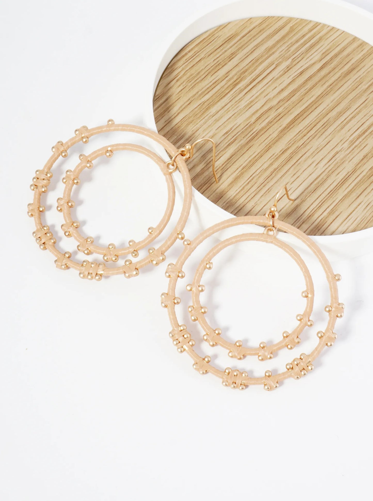 Raffia Wrapped Double Circle Dangle Earrings