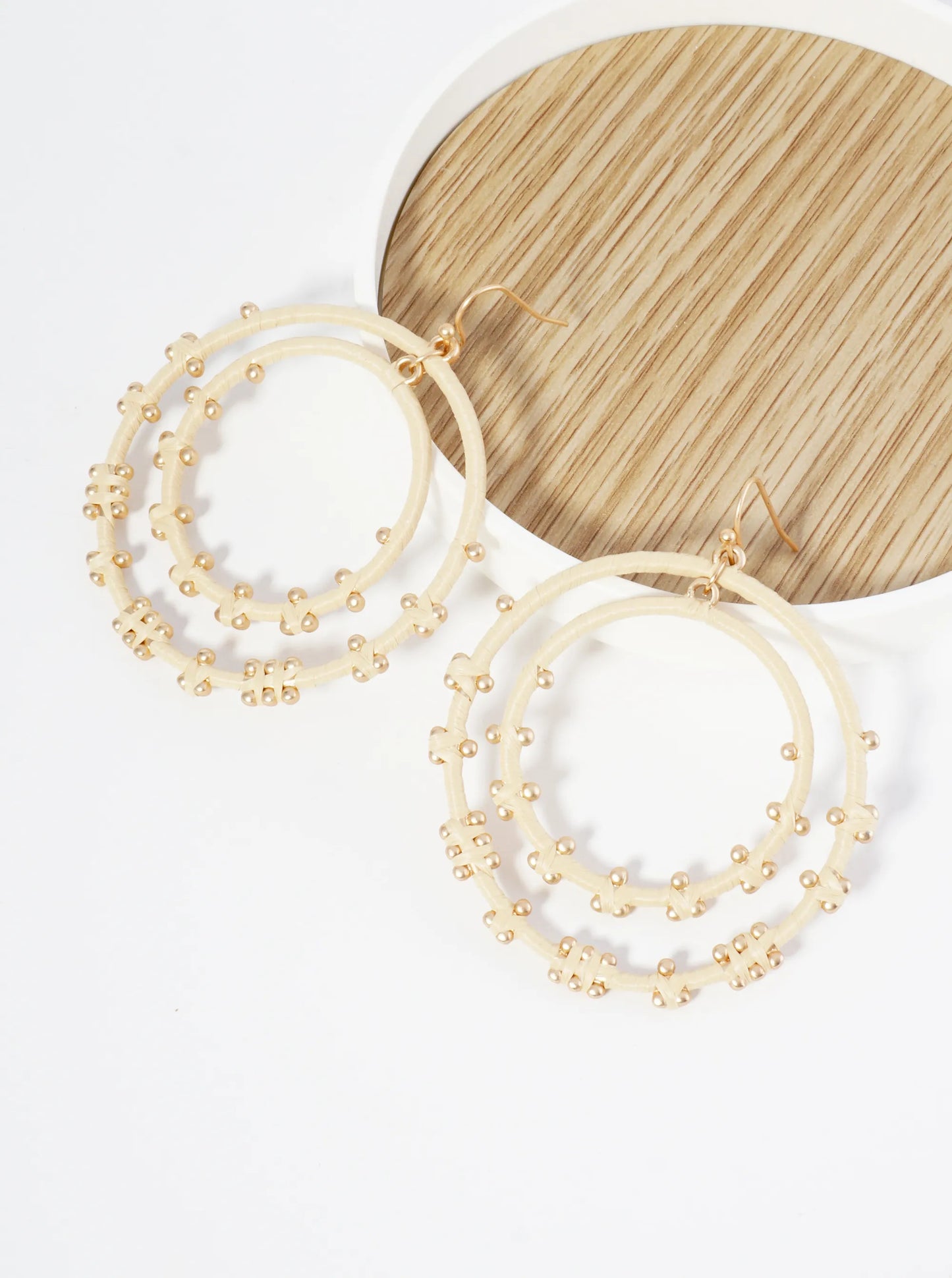 Raffia Wrapped Double Circle Dangle Earrings