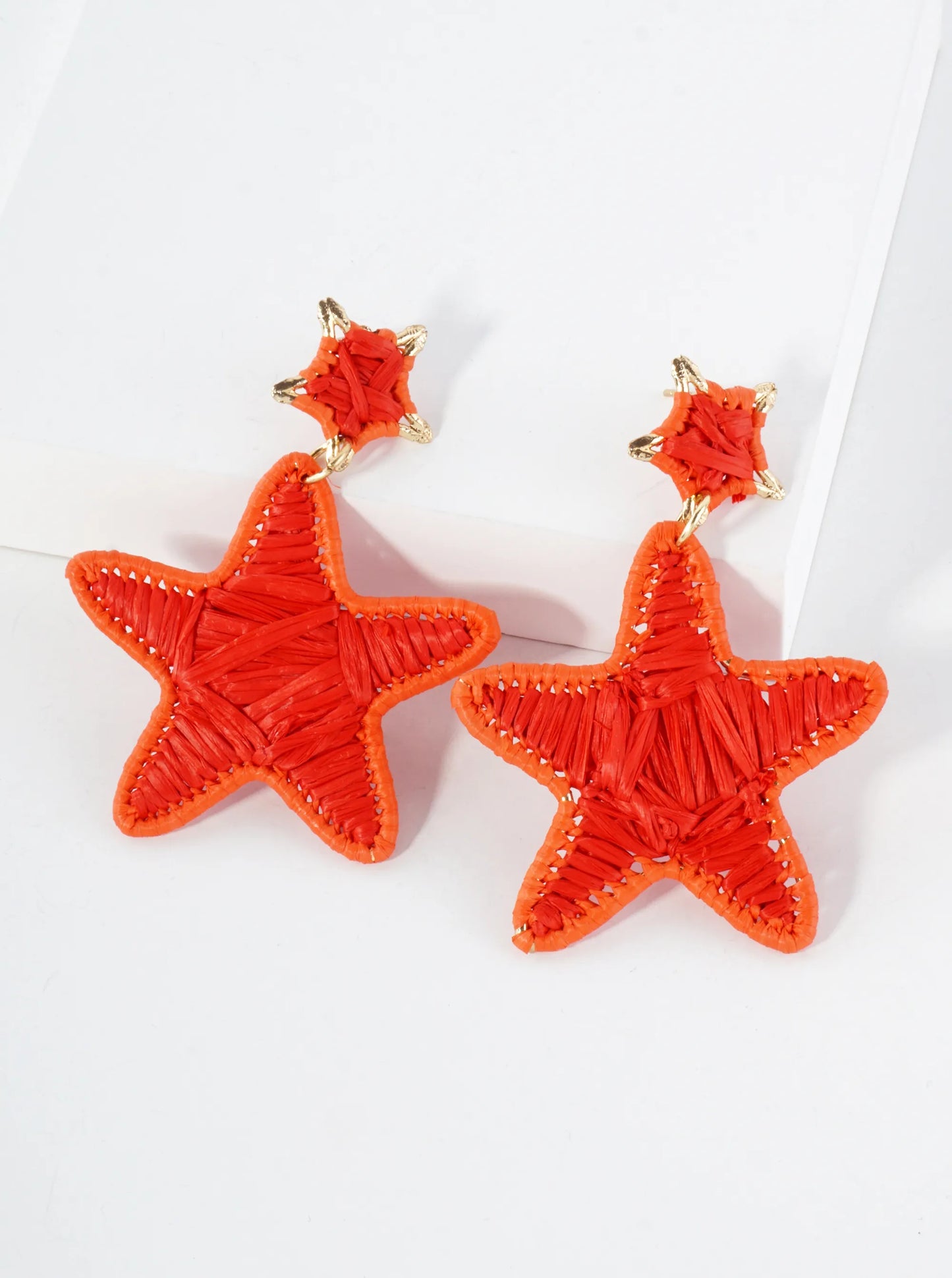 Raffia Wrapped Double Starfish Drop Statement Earrings