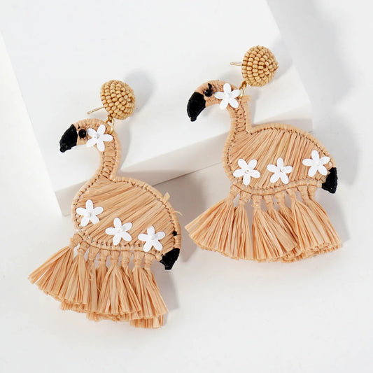 Raffia-Wrapped Floral Flamingo Drop Tropical Statement Earrings