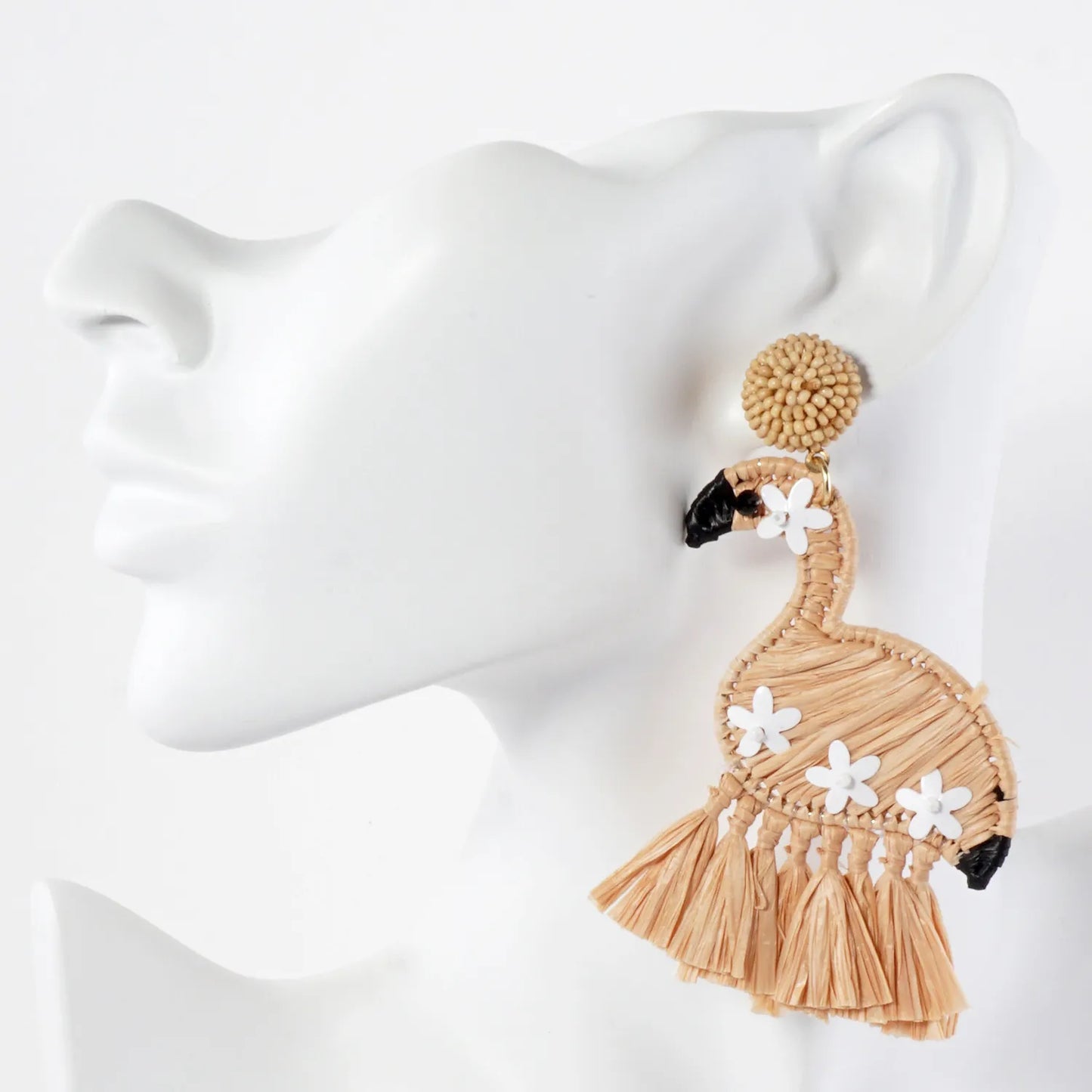 Raffia-Wrapped Floral Flamingo Drop Tropical Statement Earrings