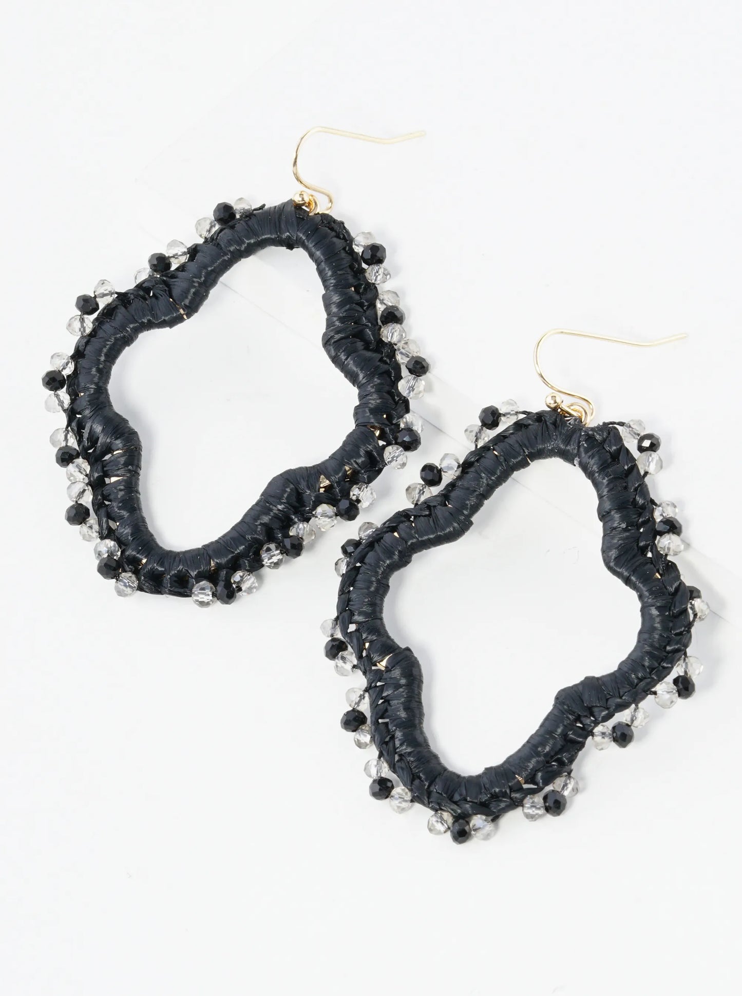 Raffia Wrapped Glass Beaded Quatrefoil Dangle Drop Earrings