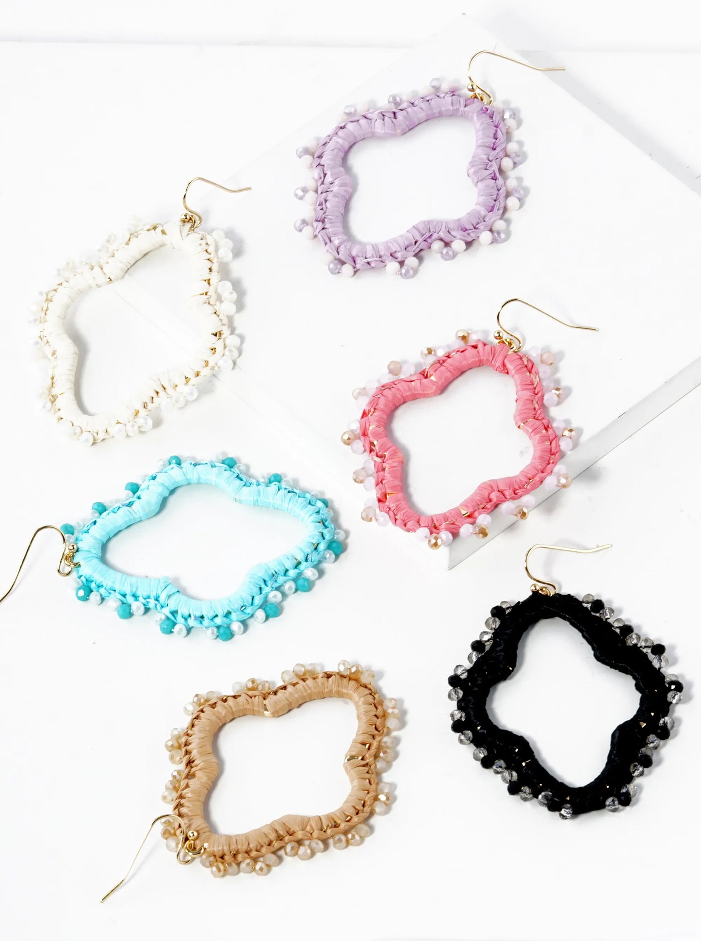 Raffia Wrapped Glass Beaded Quatrefoil Dangle Drop Earrings
