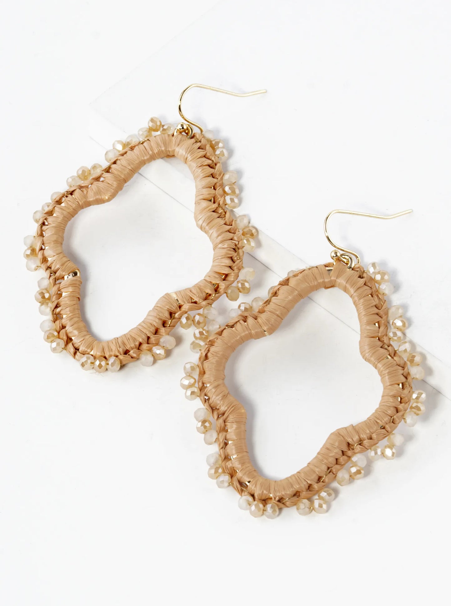 Raffia Wrapped Glass Beaded Quatrefoil Dangle Drop Earrings