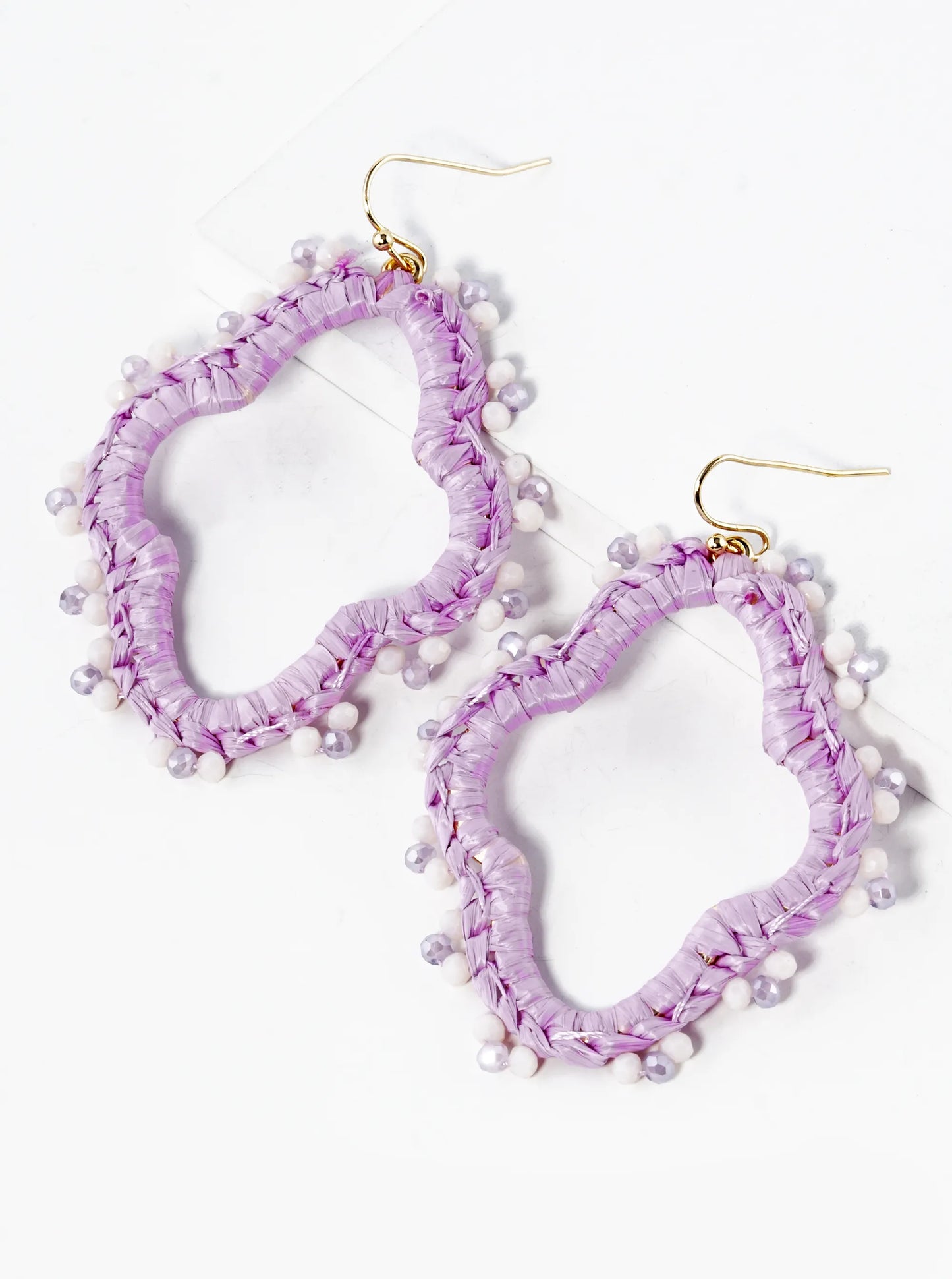Raffia Wrapped Glass Beaded Quatrefoil Dangle Drop Earrings