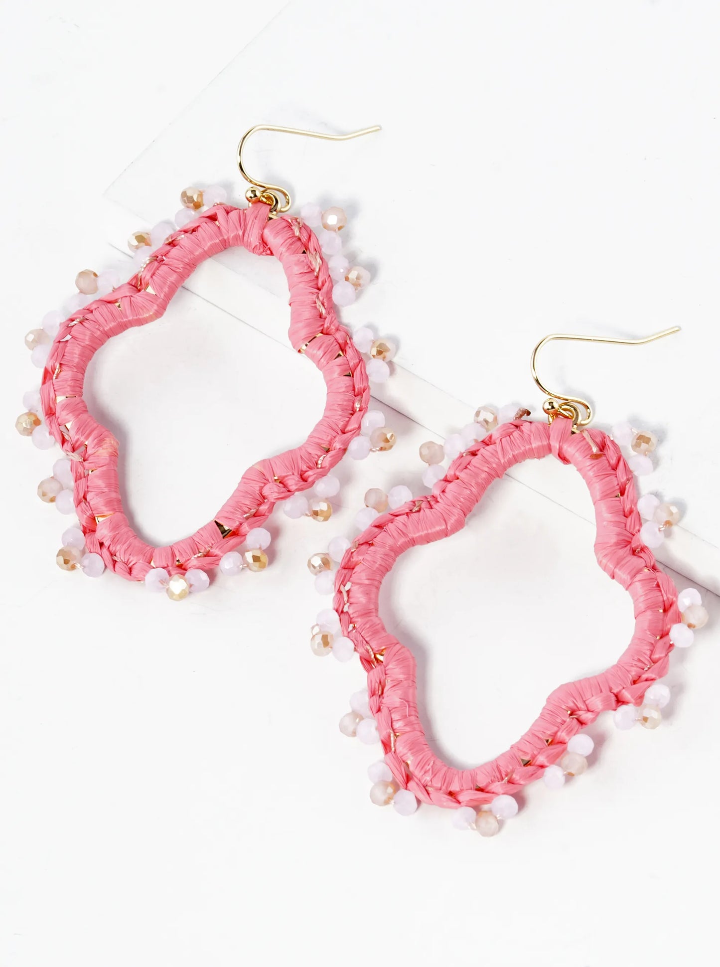 Raffia Wrapped Glass Beaded Quatrefoil Dangle Drop Earrings