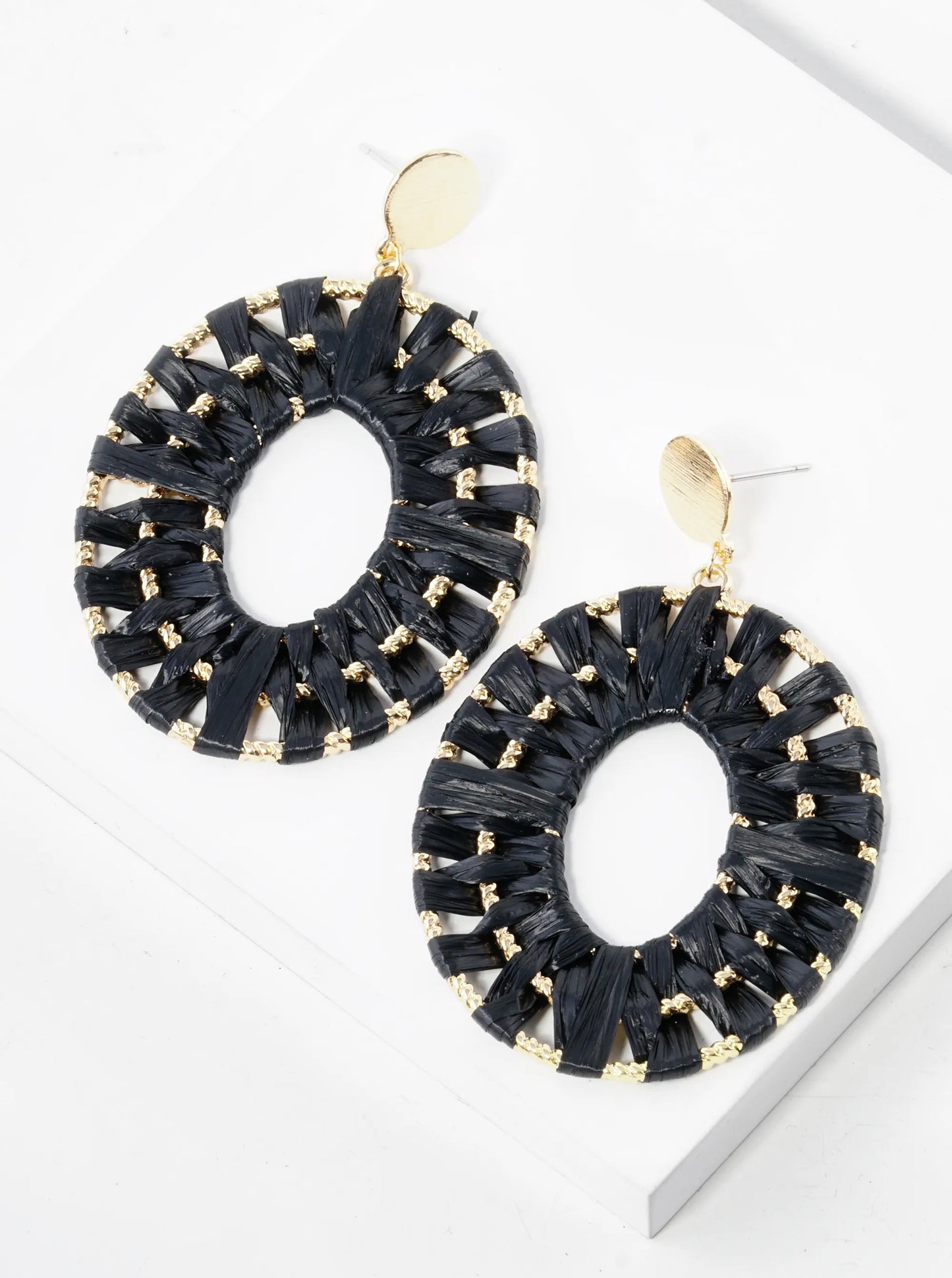 Raffia Wrapped Oval Drop Dangle Post Earrings