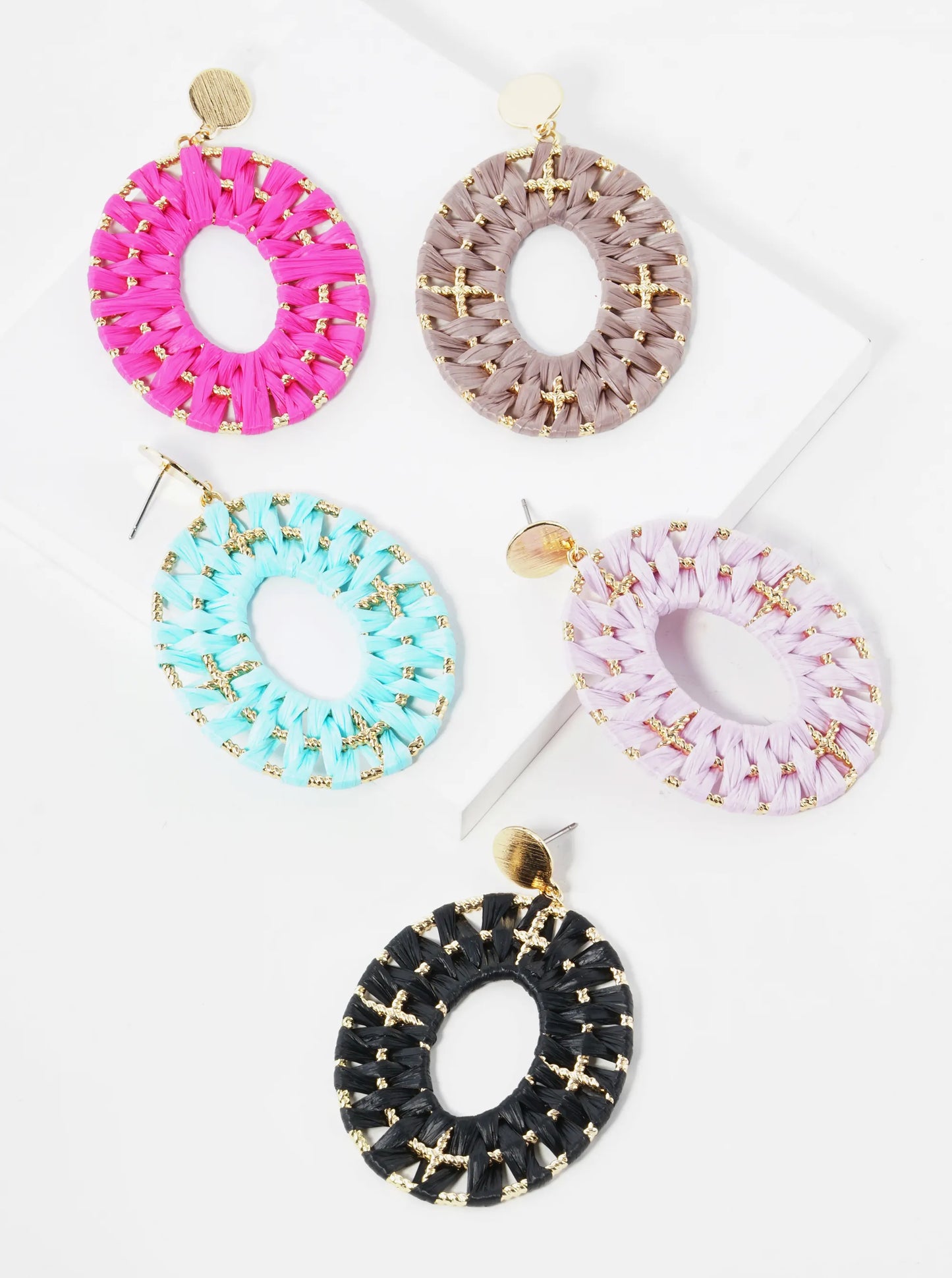 Raffia Wrapped Oval Drop Dangle Post Earrings