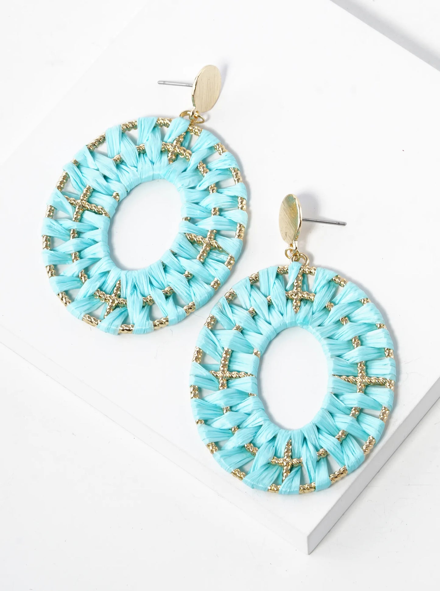 Raffia Wrapped Oval Drop Dangle Post Earrings