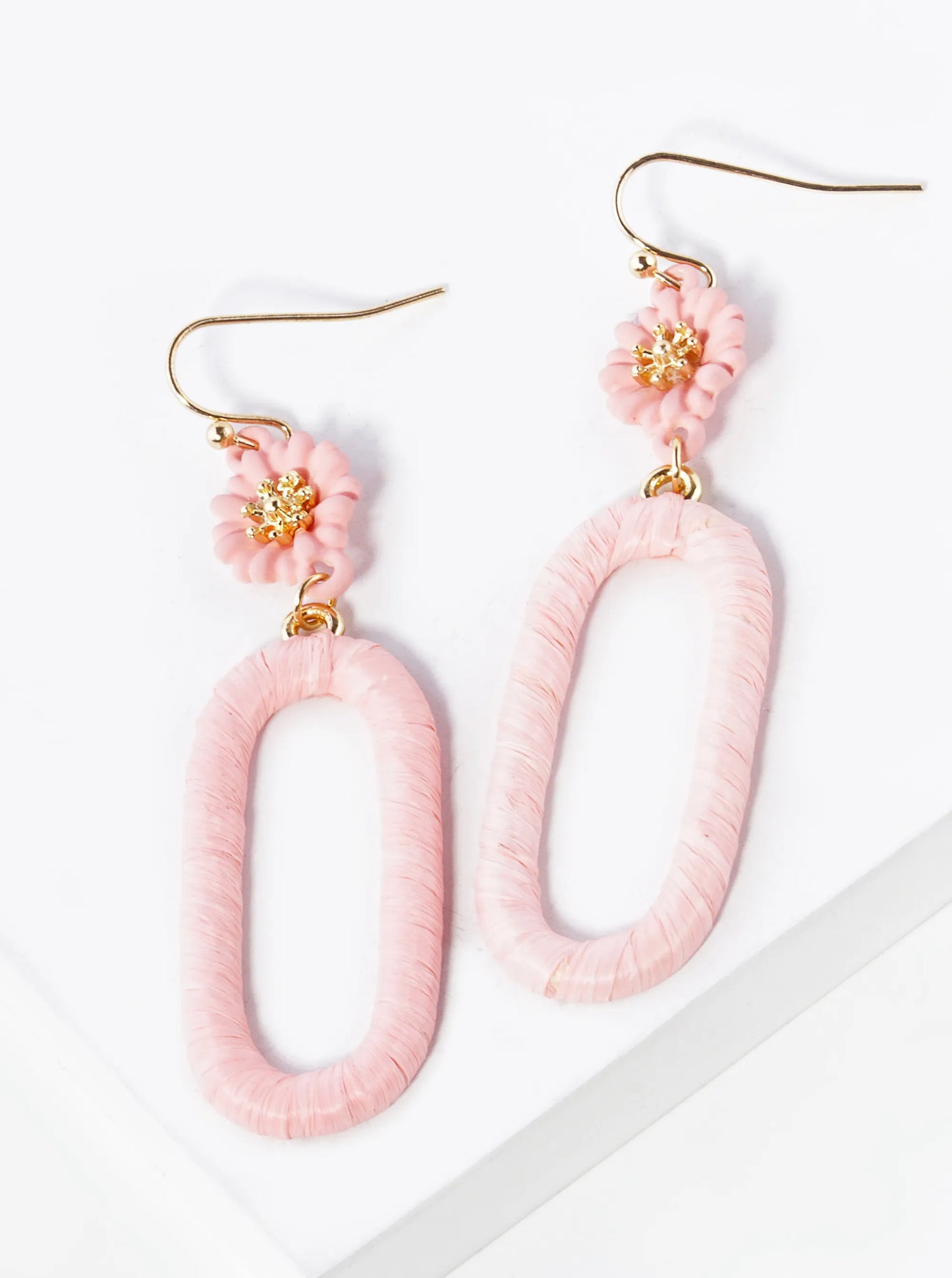 Raffia Wrapped Oval Drop Flower Dangle Earrings