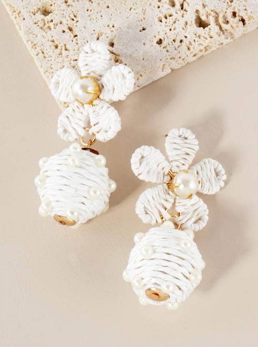 Raffia Wrapped Pearl-Beaded Ball Drop Flower Statement Earrings