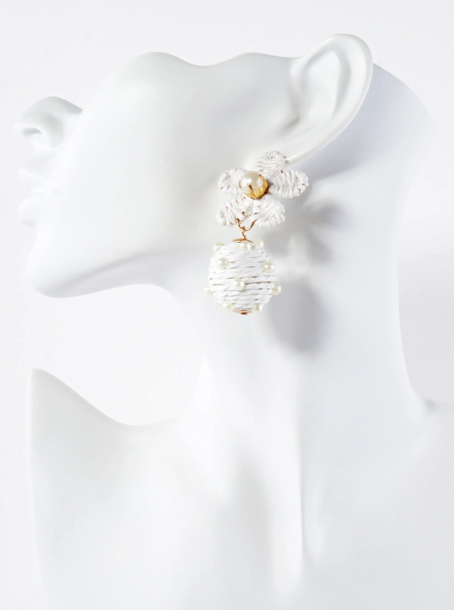 Raffia Wrapped Pearl-Beaded Ball Drop Flower Statement Earrings