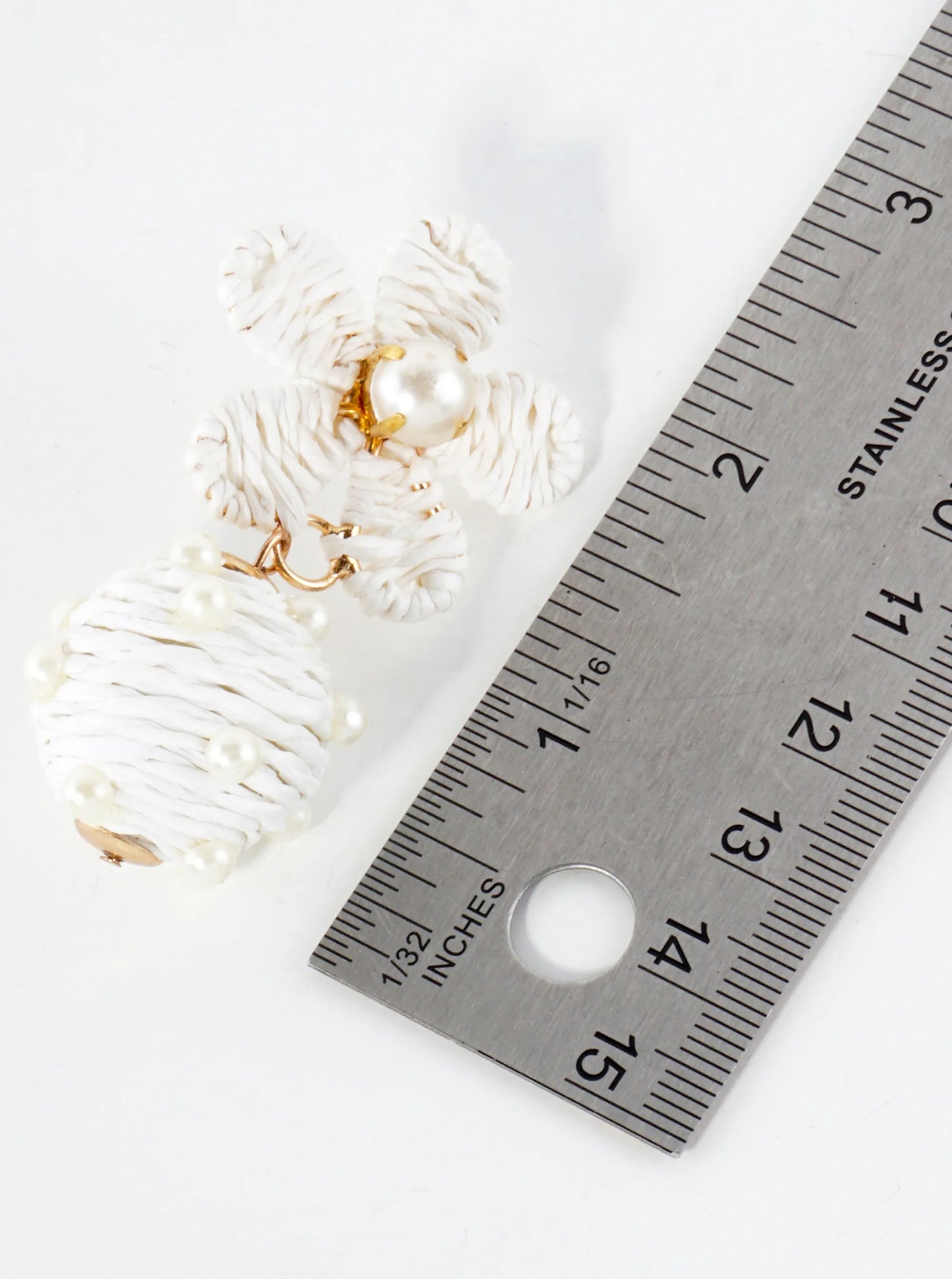 Raffia Wrapped Pearl-Beaded Ball Drop Flower Statement Earrings