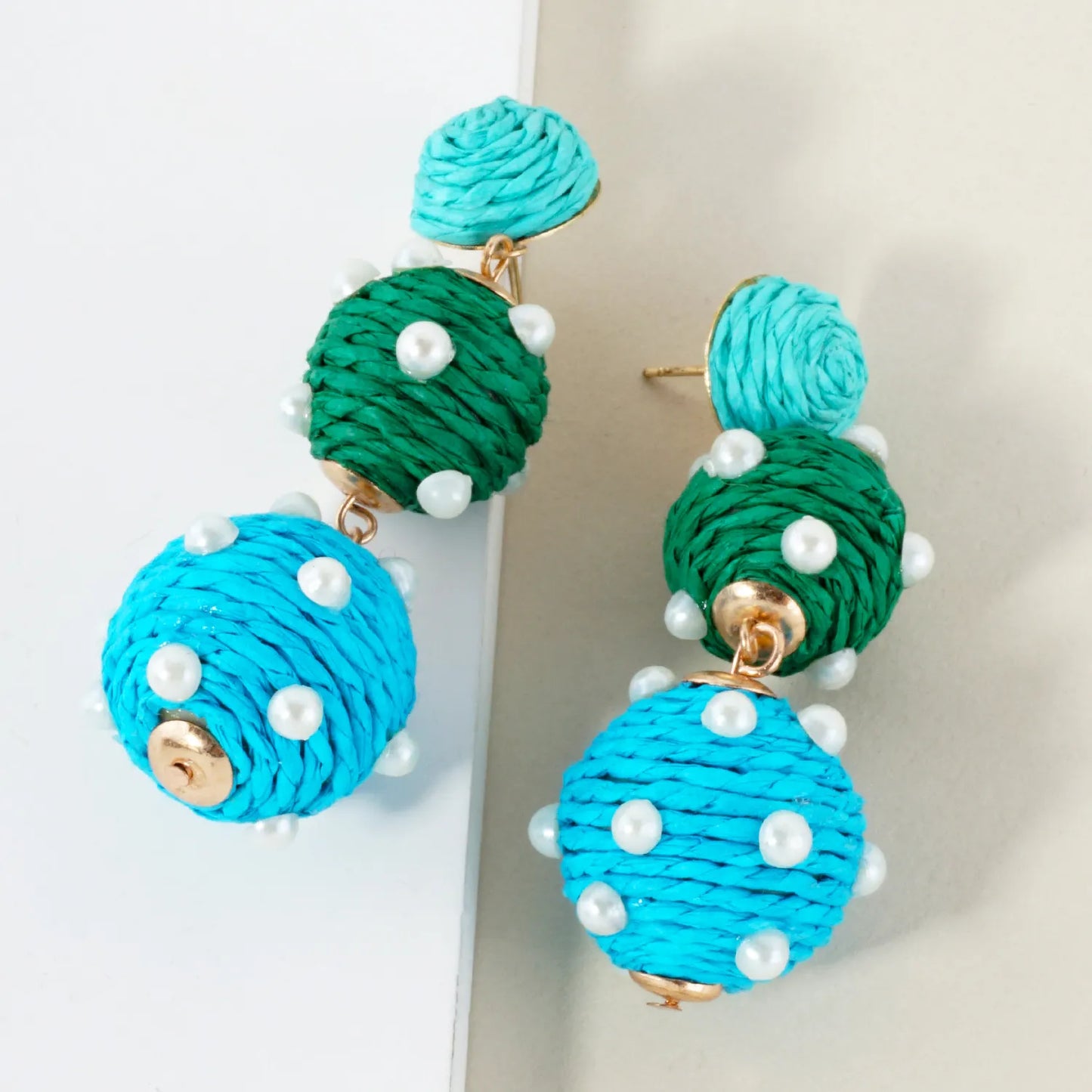 Raffia Wrapped Pearl Beaded Ball Drop Statement Earrings