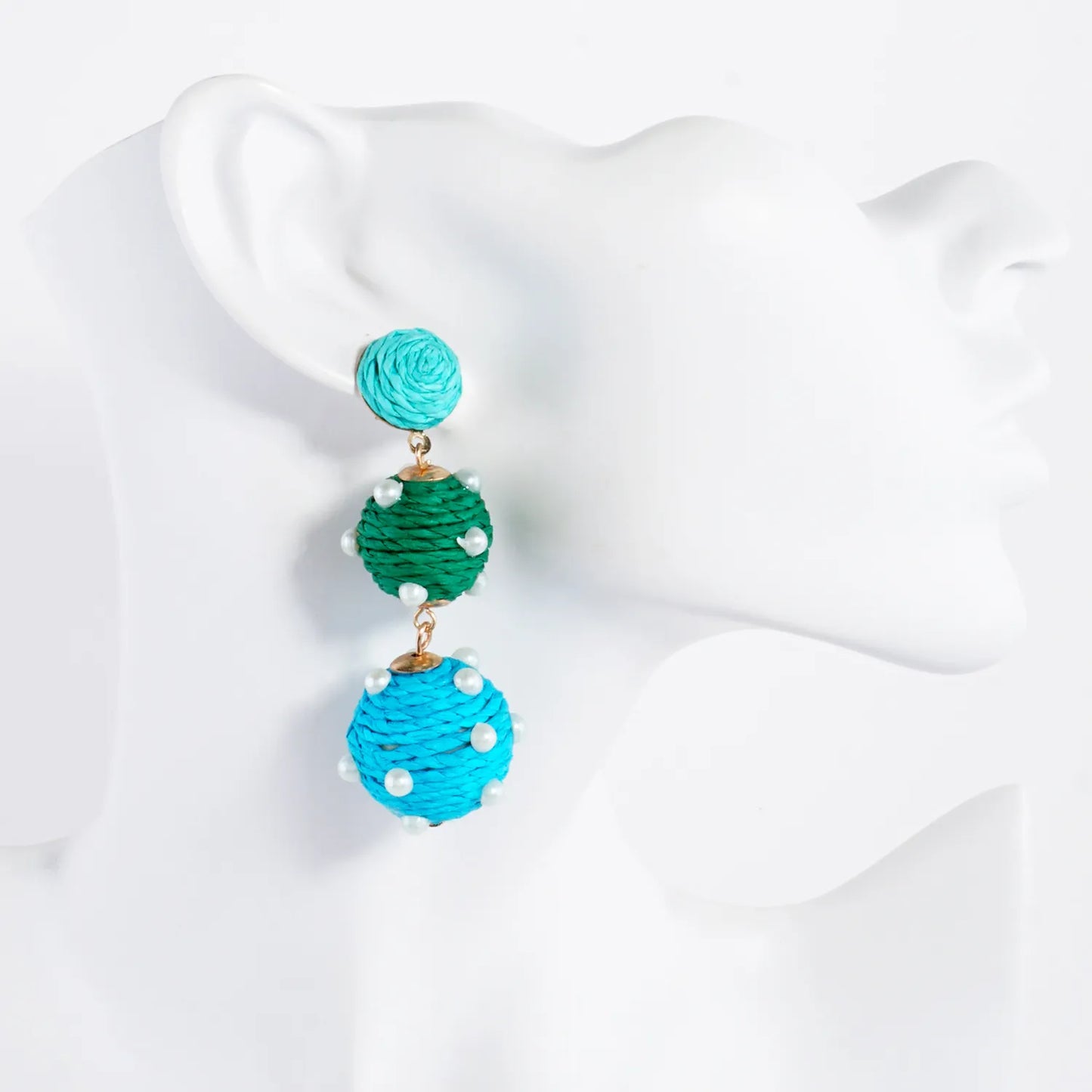 Raffia Wrapped Pearl Beaded Ball Drop Statement Earrings