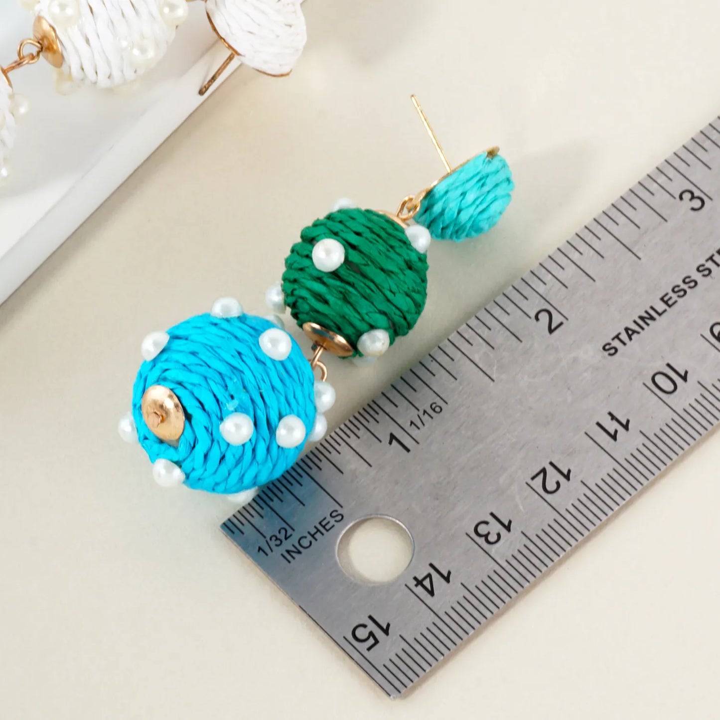 Raffia Wrapped Pearl Beaded Ball Drop Statement Earrings