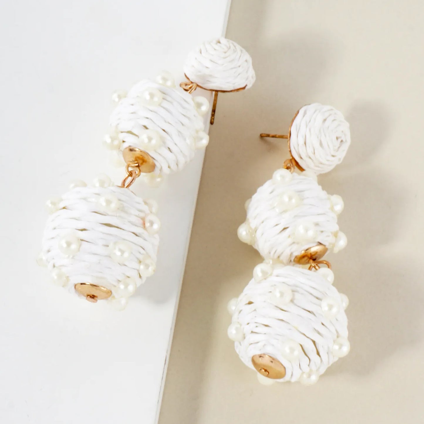 Raffia Wrapped Pearl Beaded Ball Drop Statement Earrings