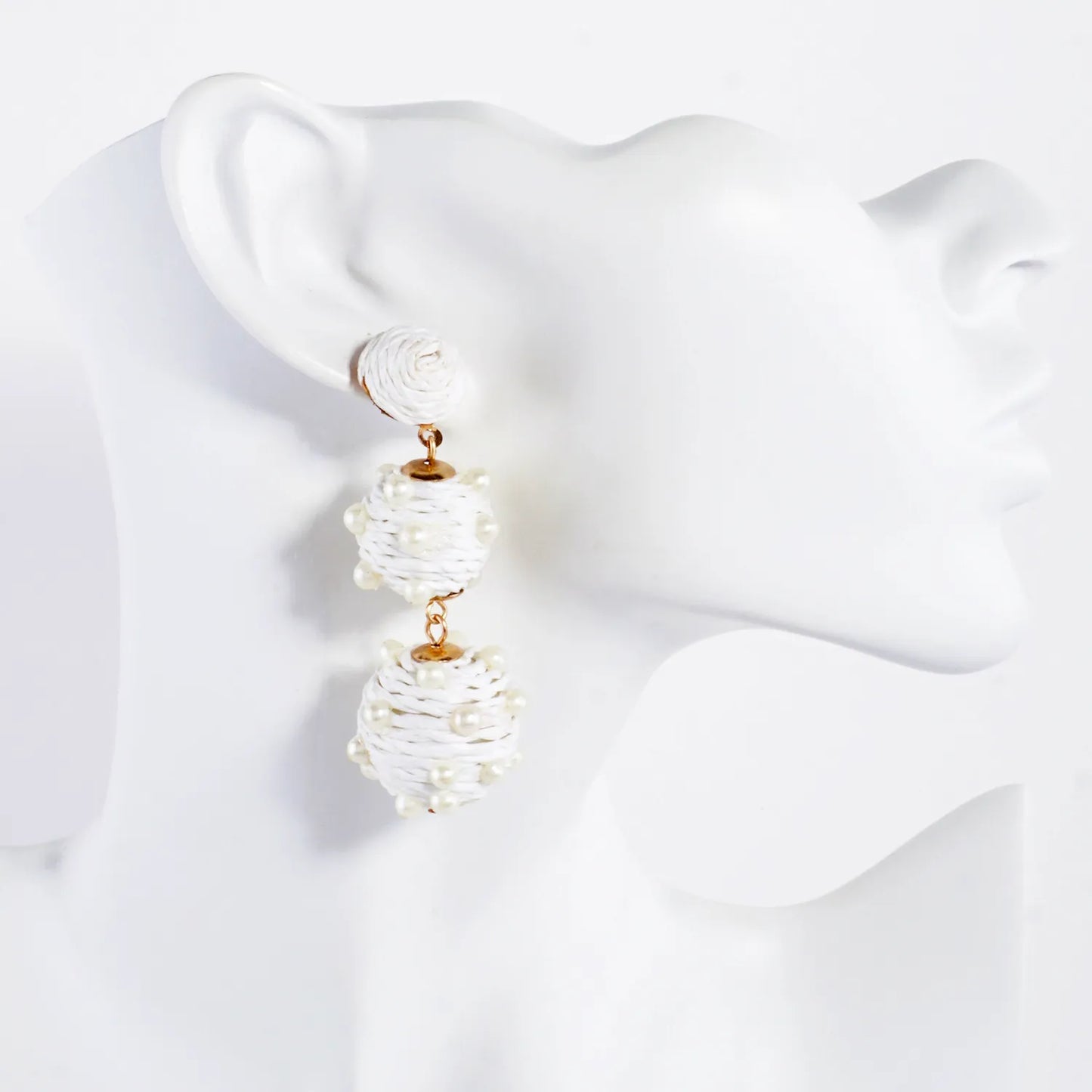 Raffia Wrapped Pearl Beaded Ball Drop Statement Earrings