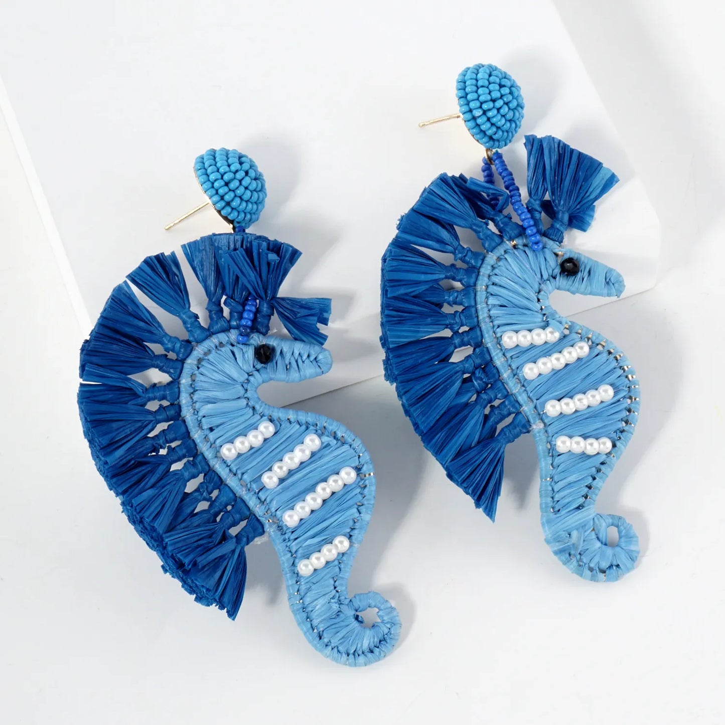 Raffia-Wrapped Pearl Beaded Seahorse Drop Sea-Life Statement Earrings