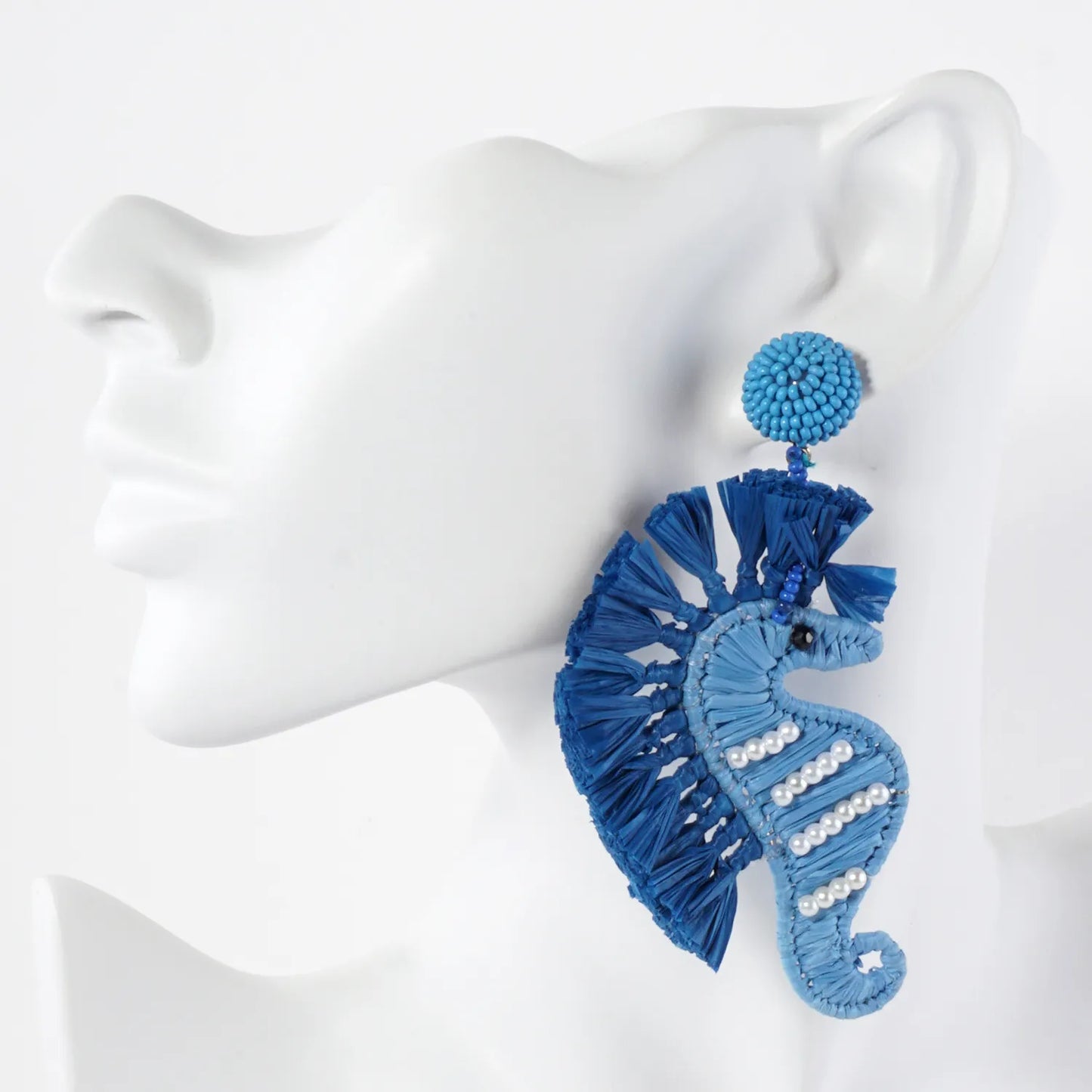 Raffia-Wrapped Pearl Beaded Seahorse Drop Sea-Life Statement Earrings