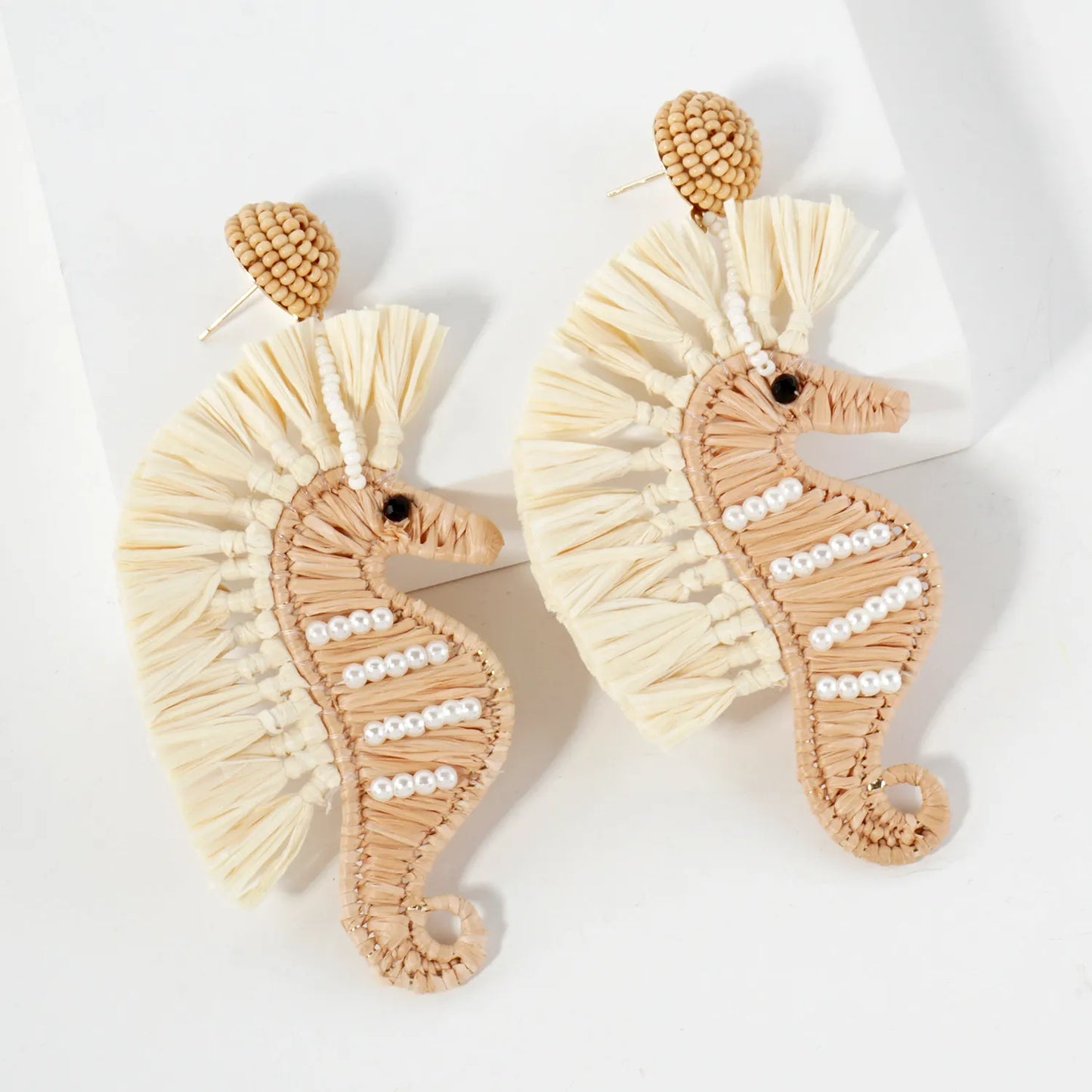 Raffia-Wrapped Pearl Beaded Seahorse Drop Sea-Life Statement Earrings