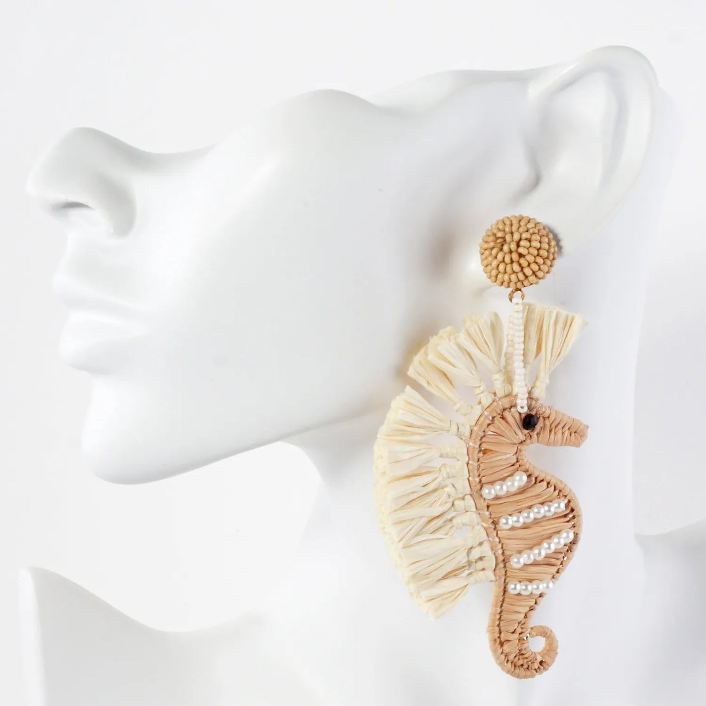 Raffia-Wrapped Pearl Beaded Seahorse Drop Sea-Life Statement Earrings