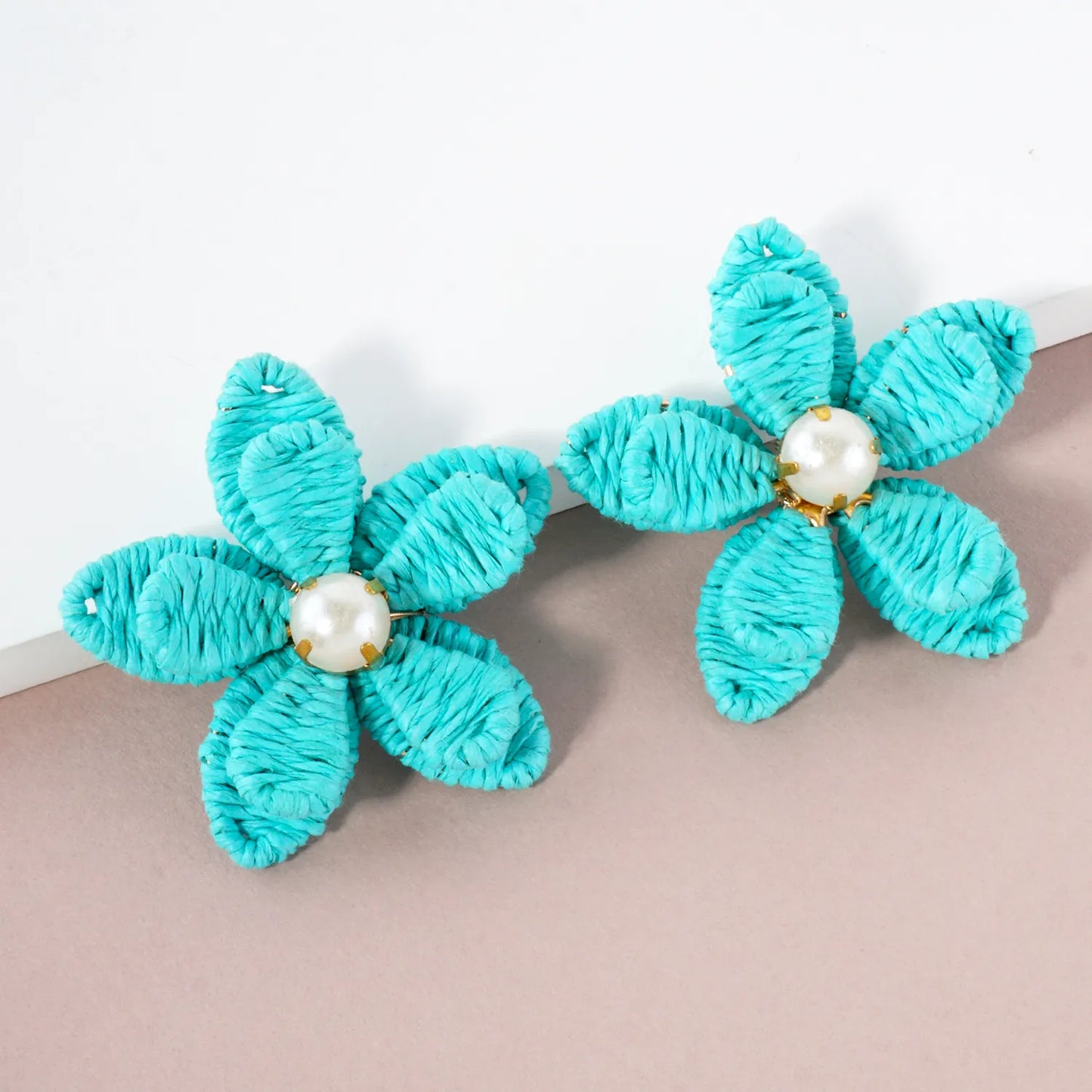 Raffia Wrapped Pearl Flower Statement Earrings