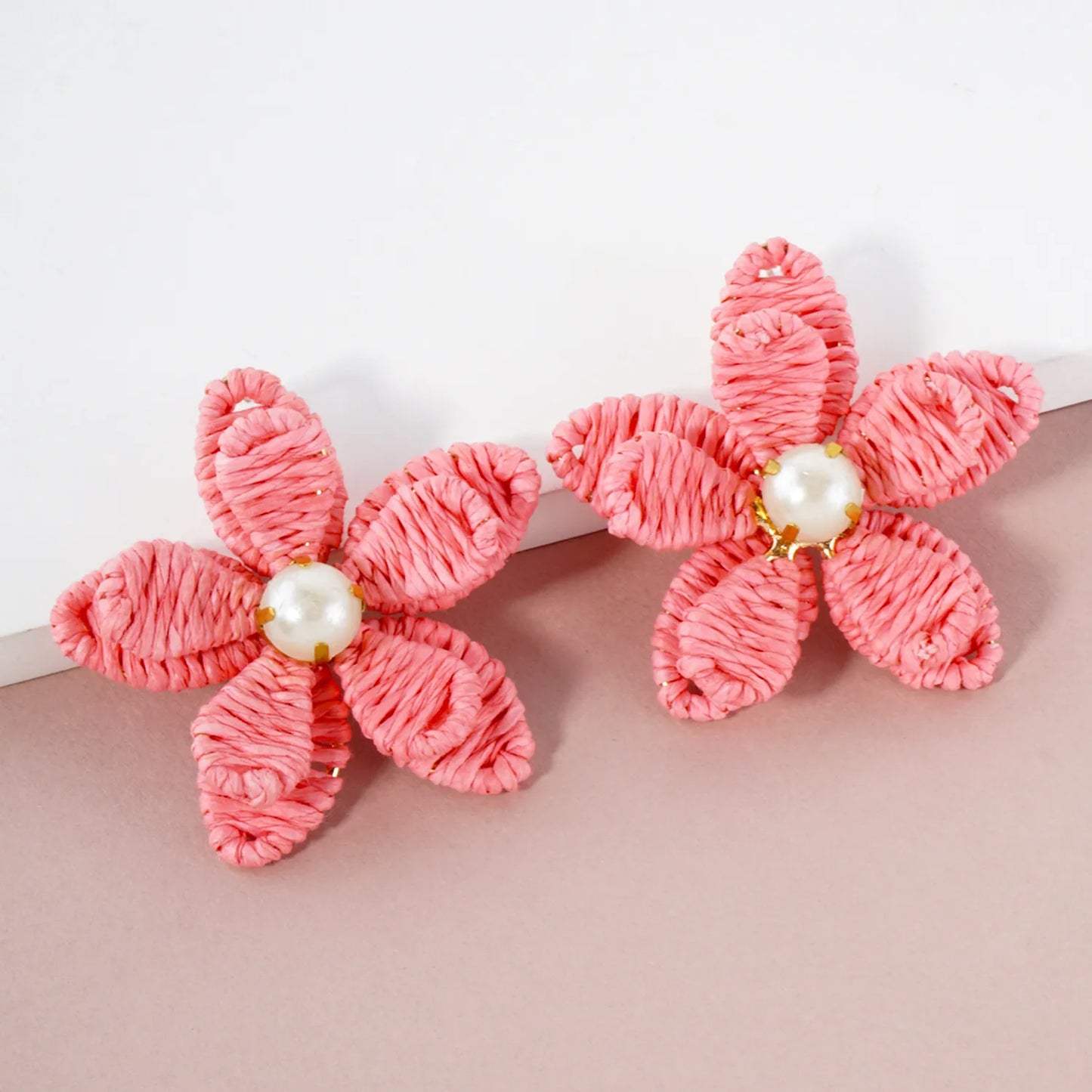 Raffia Wrapped Pearl Flower Statement Earrings