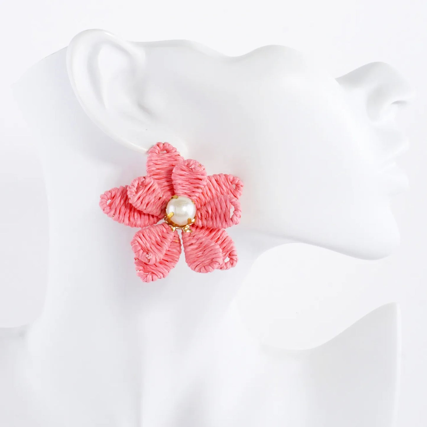 Raffia Wrapped Pearl Flower Statement Earrings