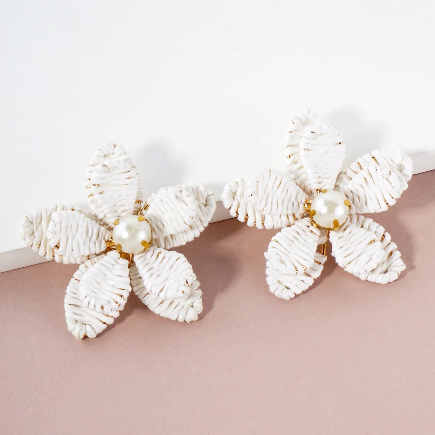 Raffia Wrapped Pearl Flower Statement Earrings