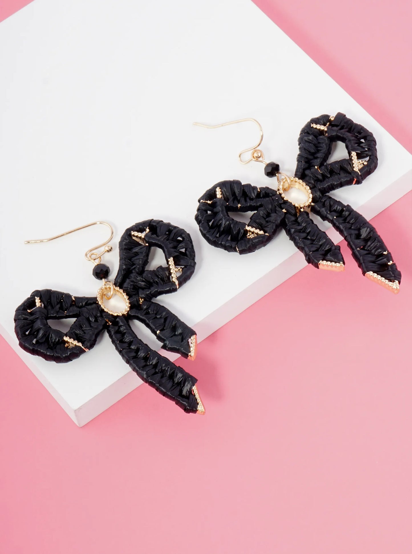 Raffia Wrapped Ribbon Bow Dangle Drop Earrings