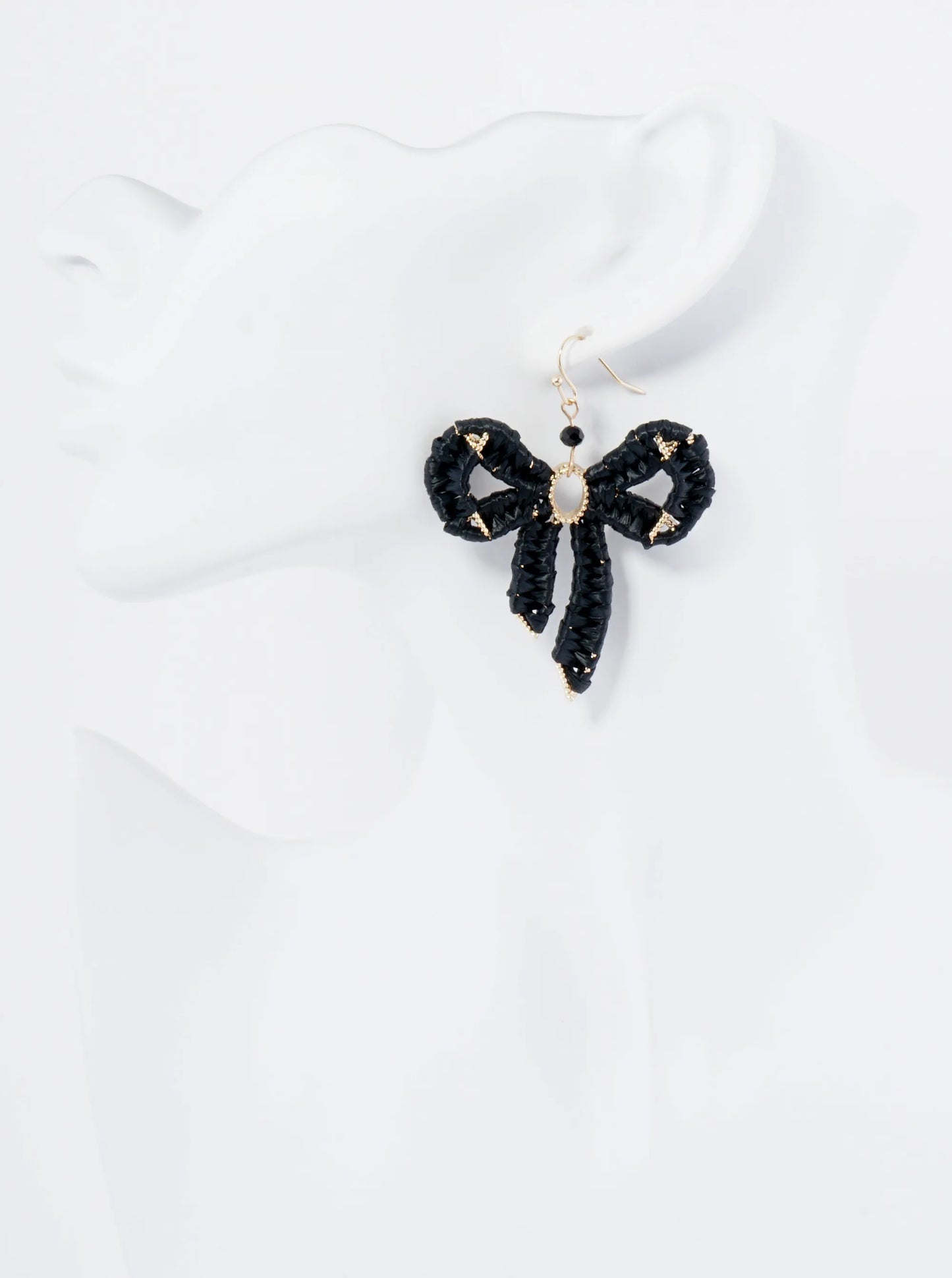 Raffia Wrapped Ribbon Bow Dangle Drop Earrings