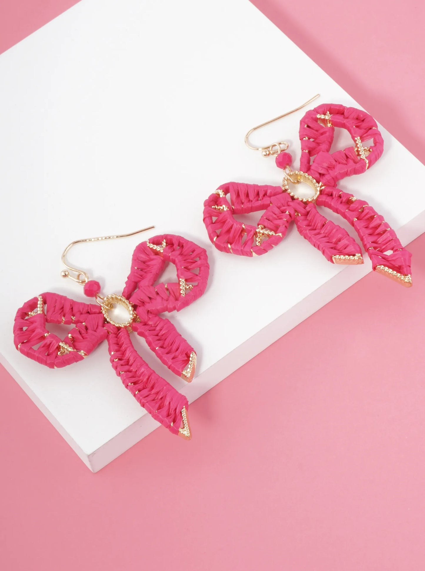 Raffia Wrapped Ribbon Bow Dangle Drop Earrings