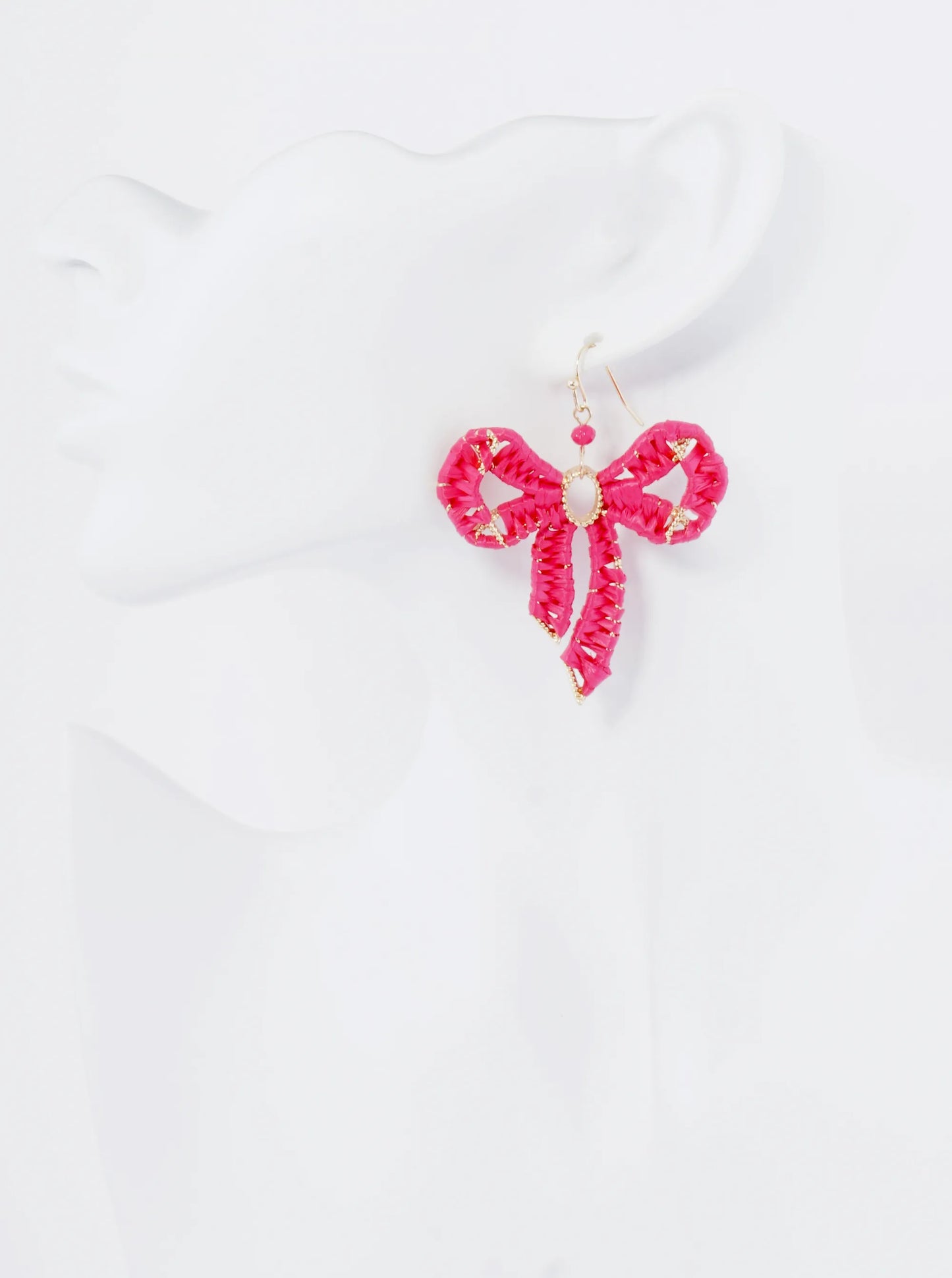 Raffia Wrapped Ribbon Bow Dangle Drop Earrings