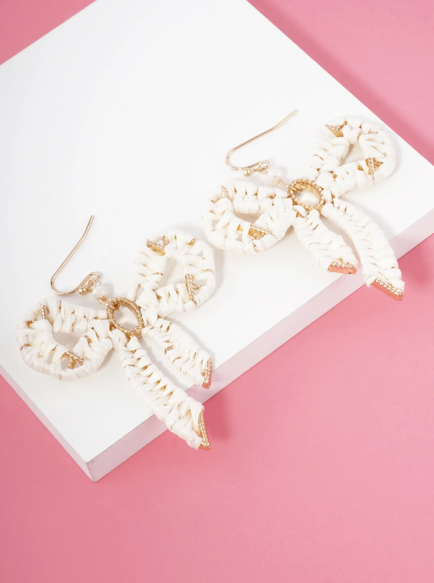 Raffia Wrapped Ribbon Bow Dangle Drop Earrings