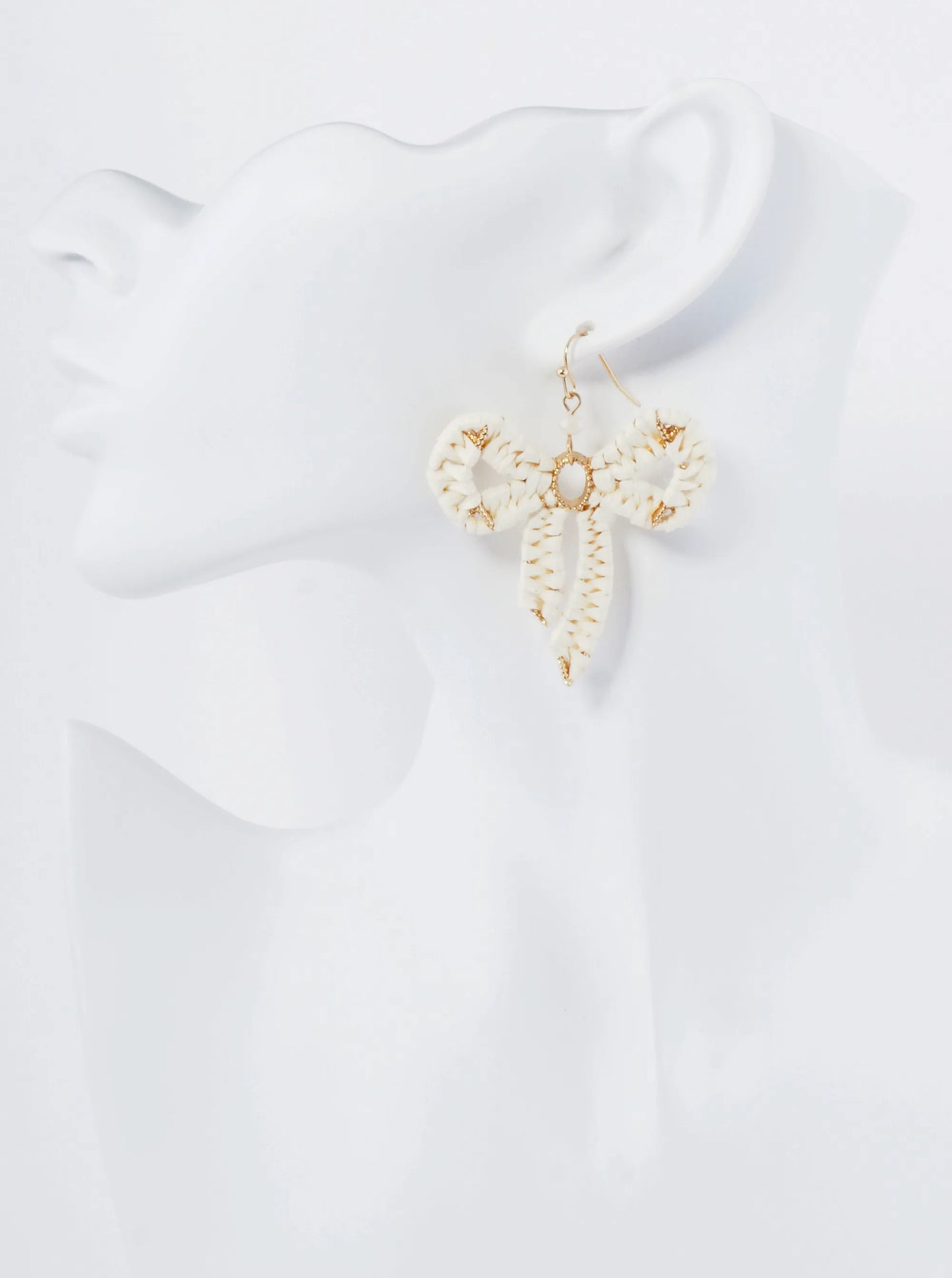 Raffia Wrapped Ribbon Bow Dangle Drop Earrings