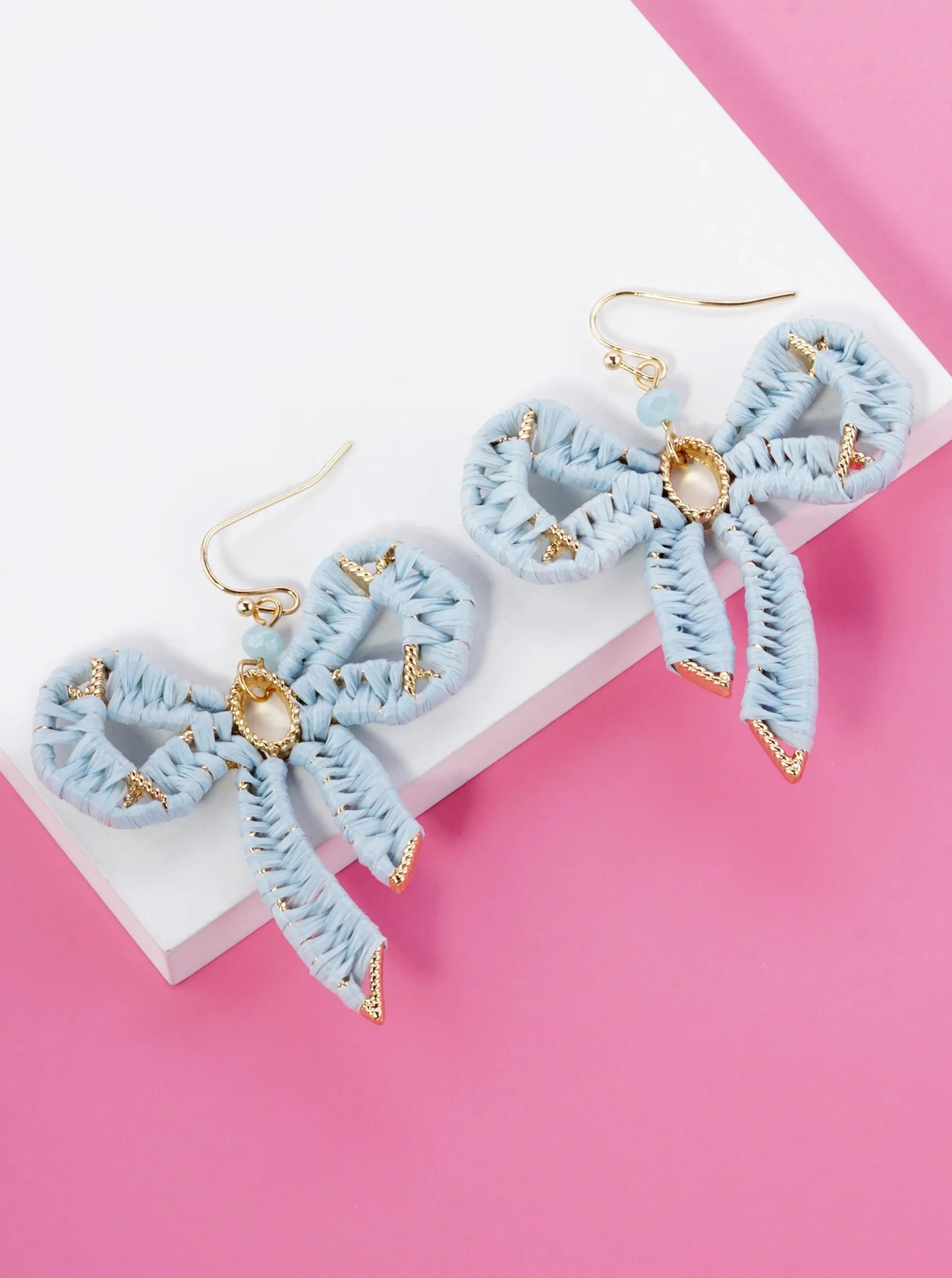 Raffia Wrapped Ribbon Bow Dangle Drop Earrings