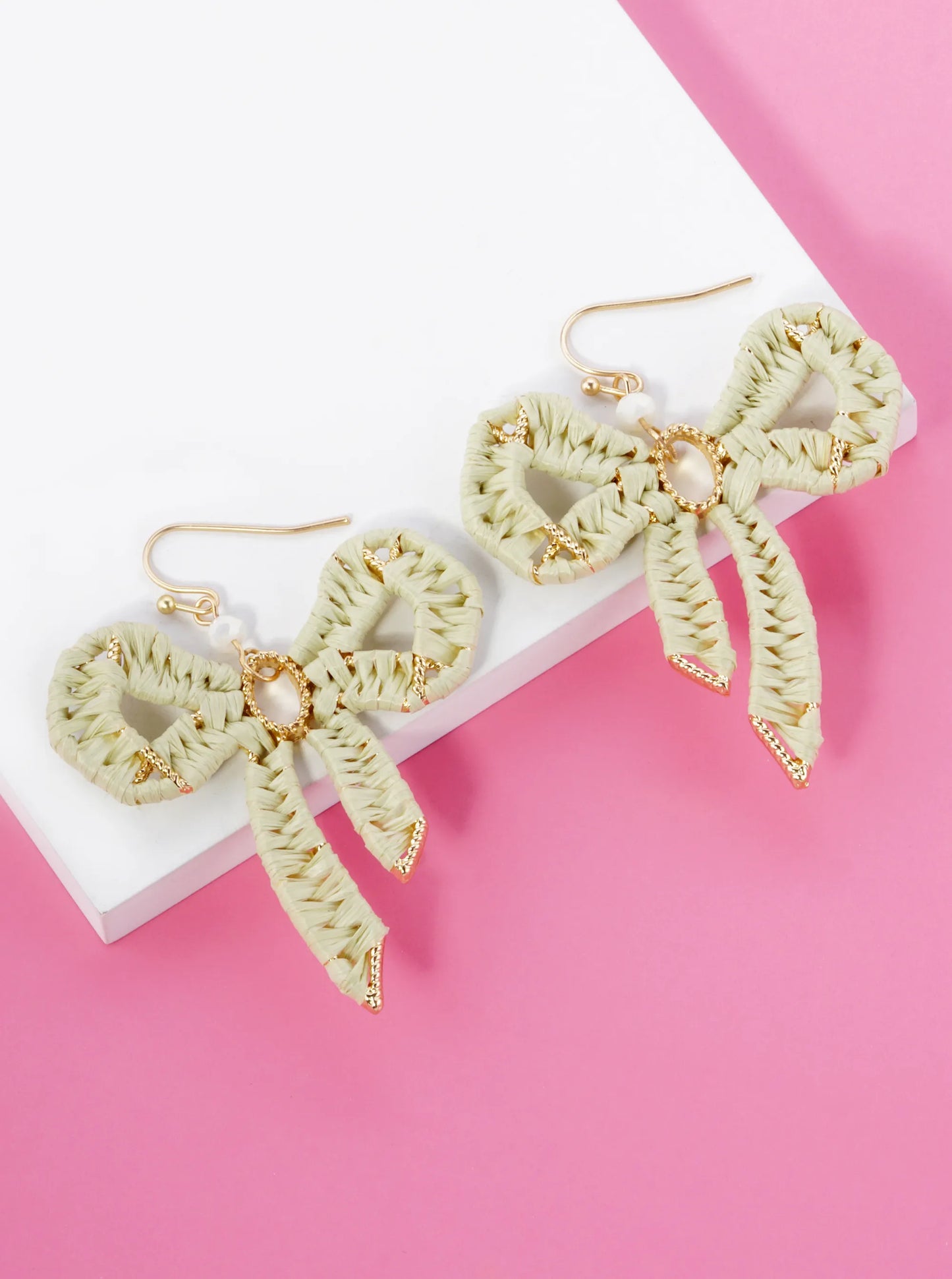 Raffia Wrapped Ribbon Bow Dangle Drop Earrings