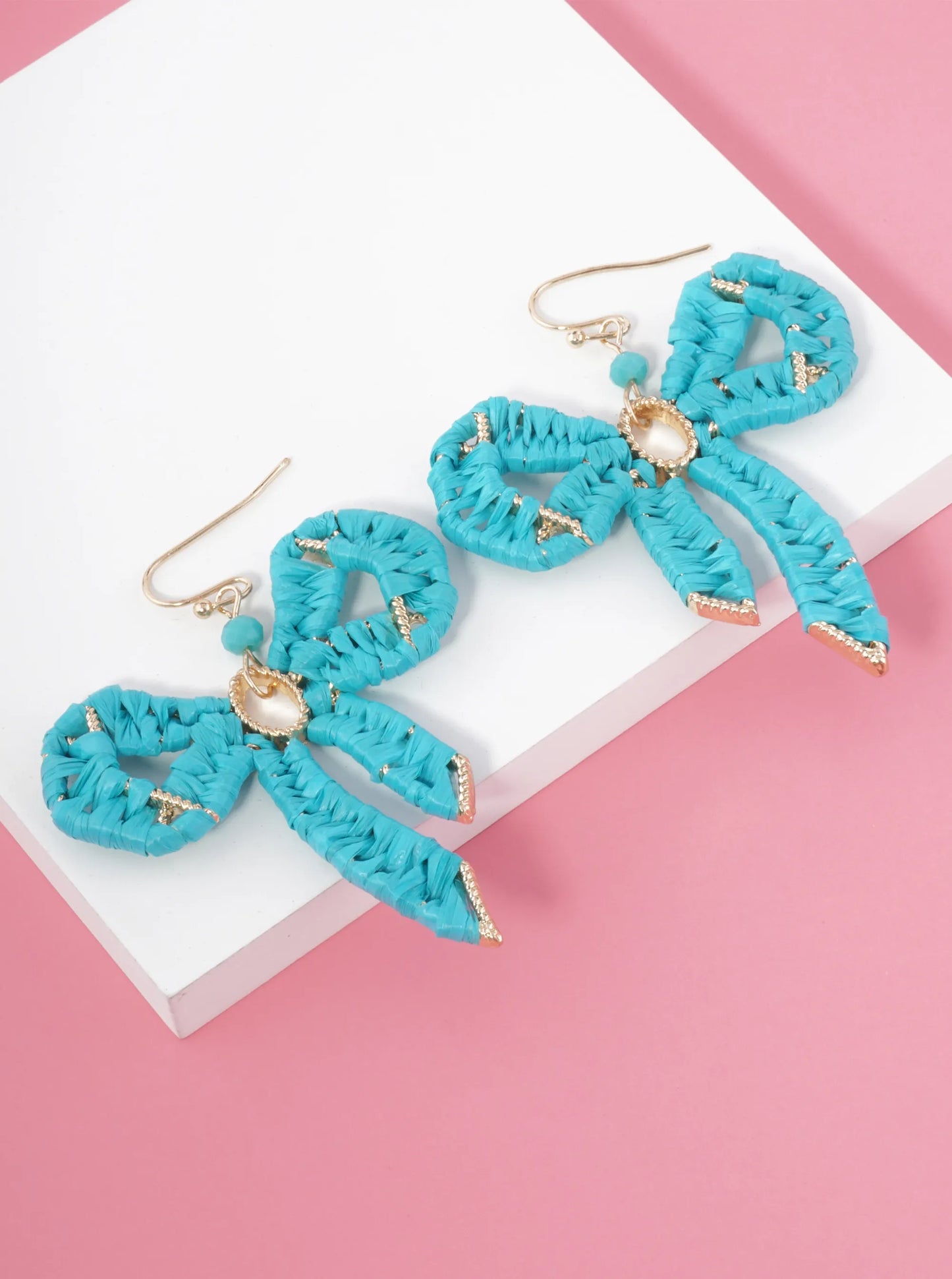 Raffia Wrapped Ribbon Bow Dangle Drop Earrings