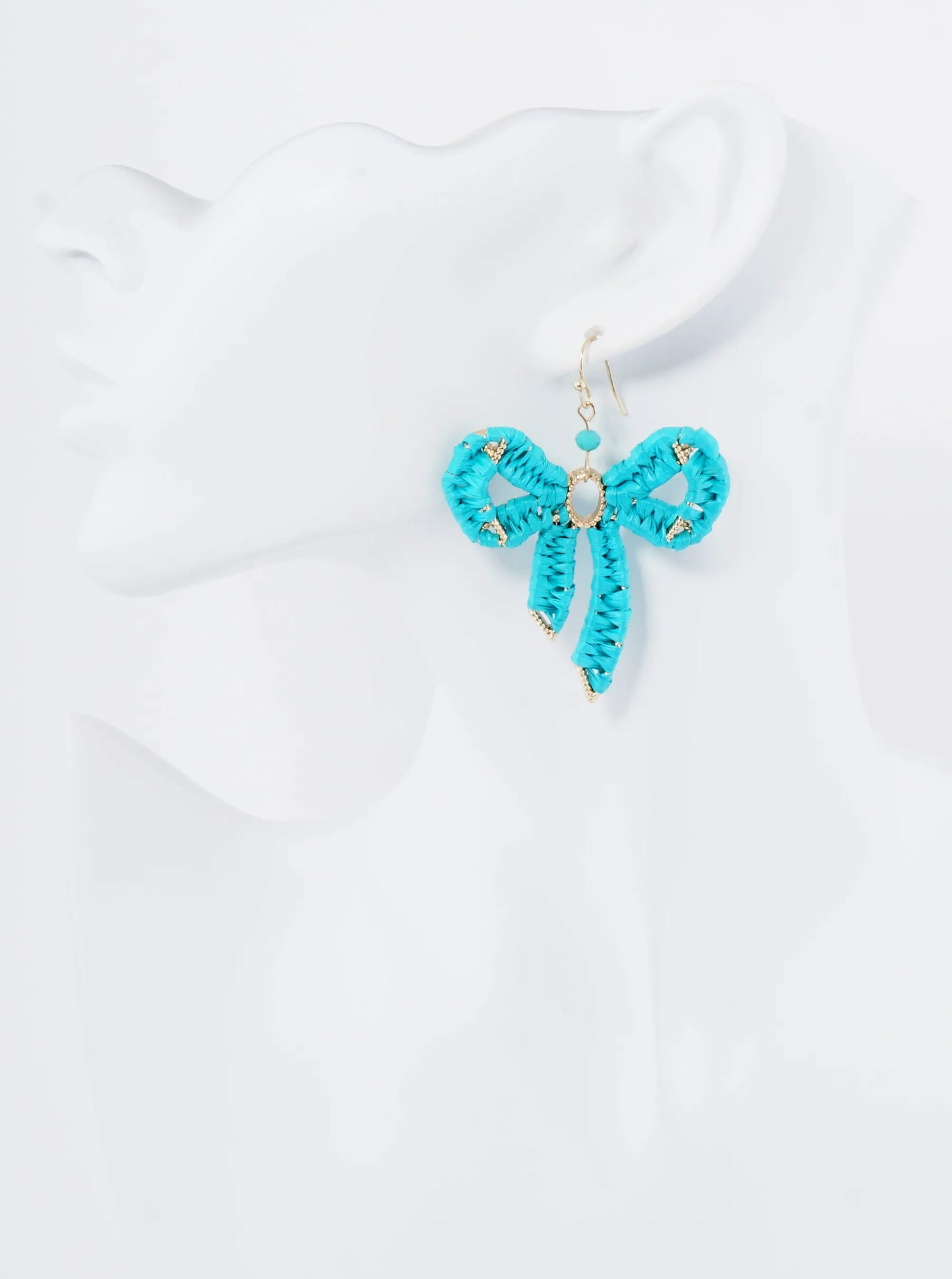 Raffia Wrapped Ribbon Bow Dangle Drop Earrings