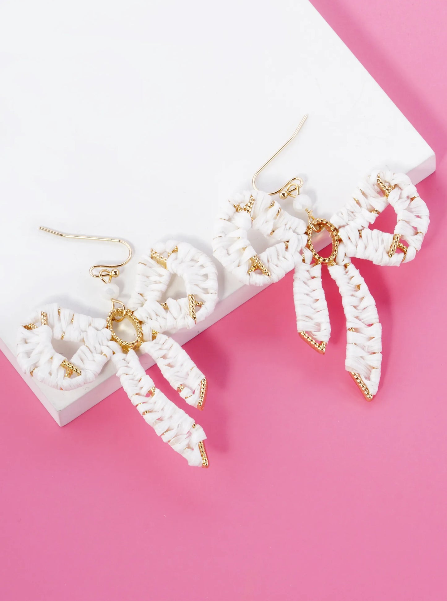 Raffia Wrapped Ribbon Bow Dangle Drop Earrings