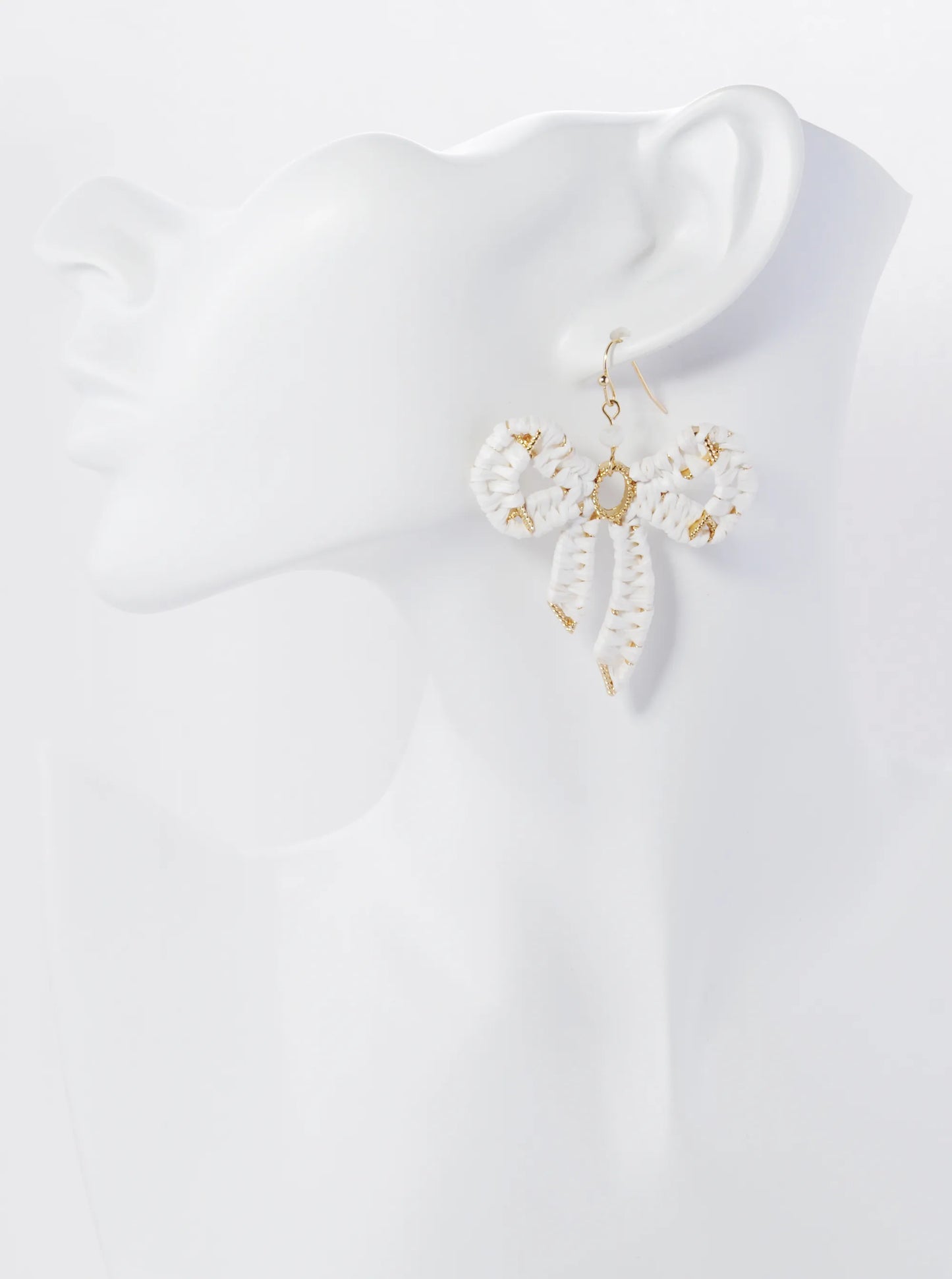 Raffia Wrapped Ribbon Bow Dangle Drop Earrings