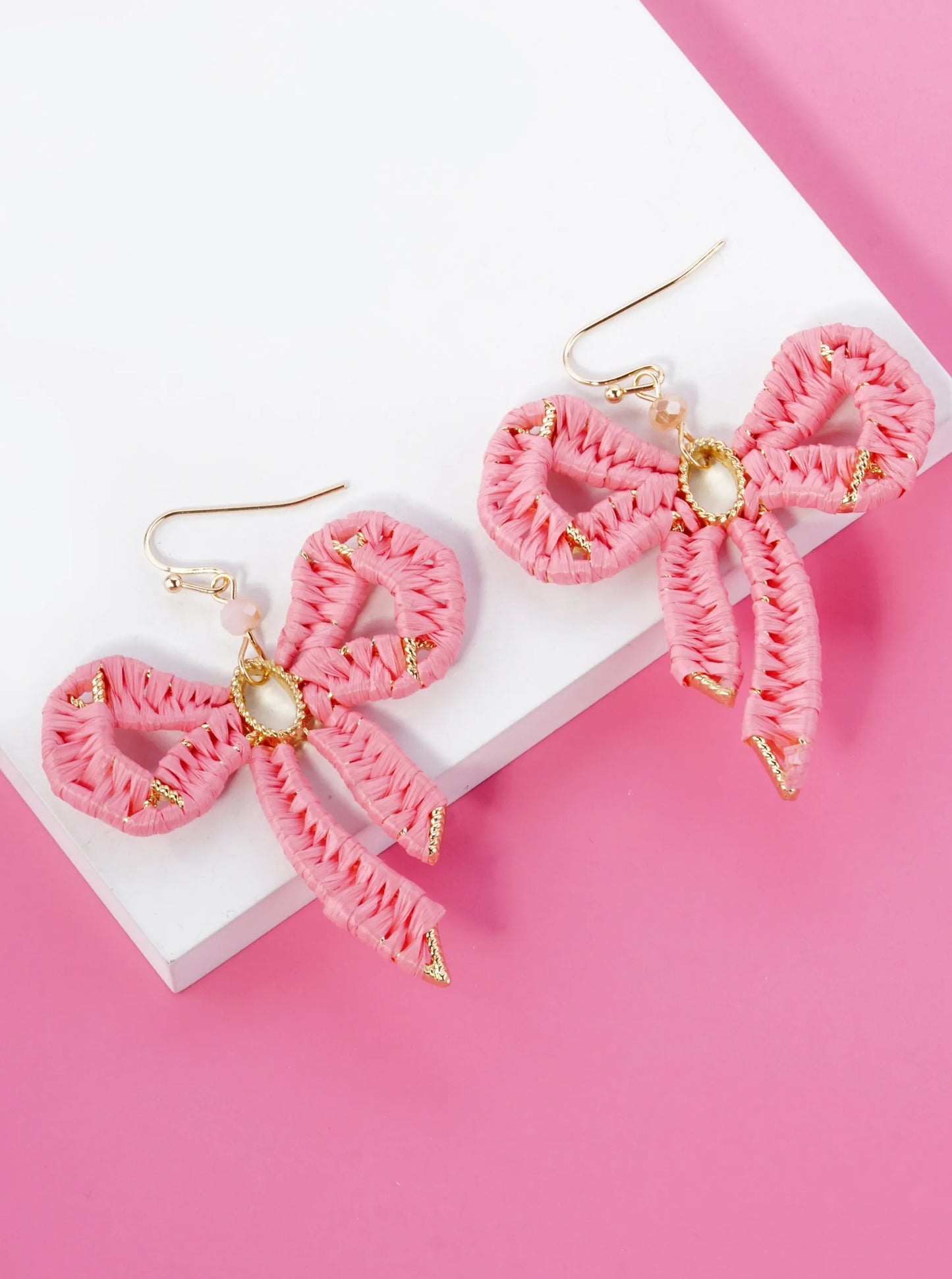 Raffia Wrapped Ribbon Bow Dangle Drop Earrings