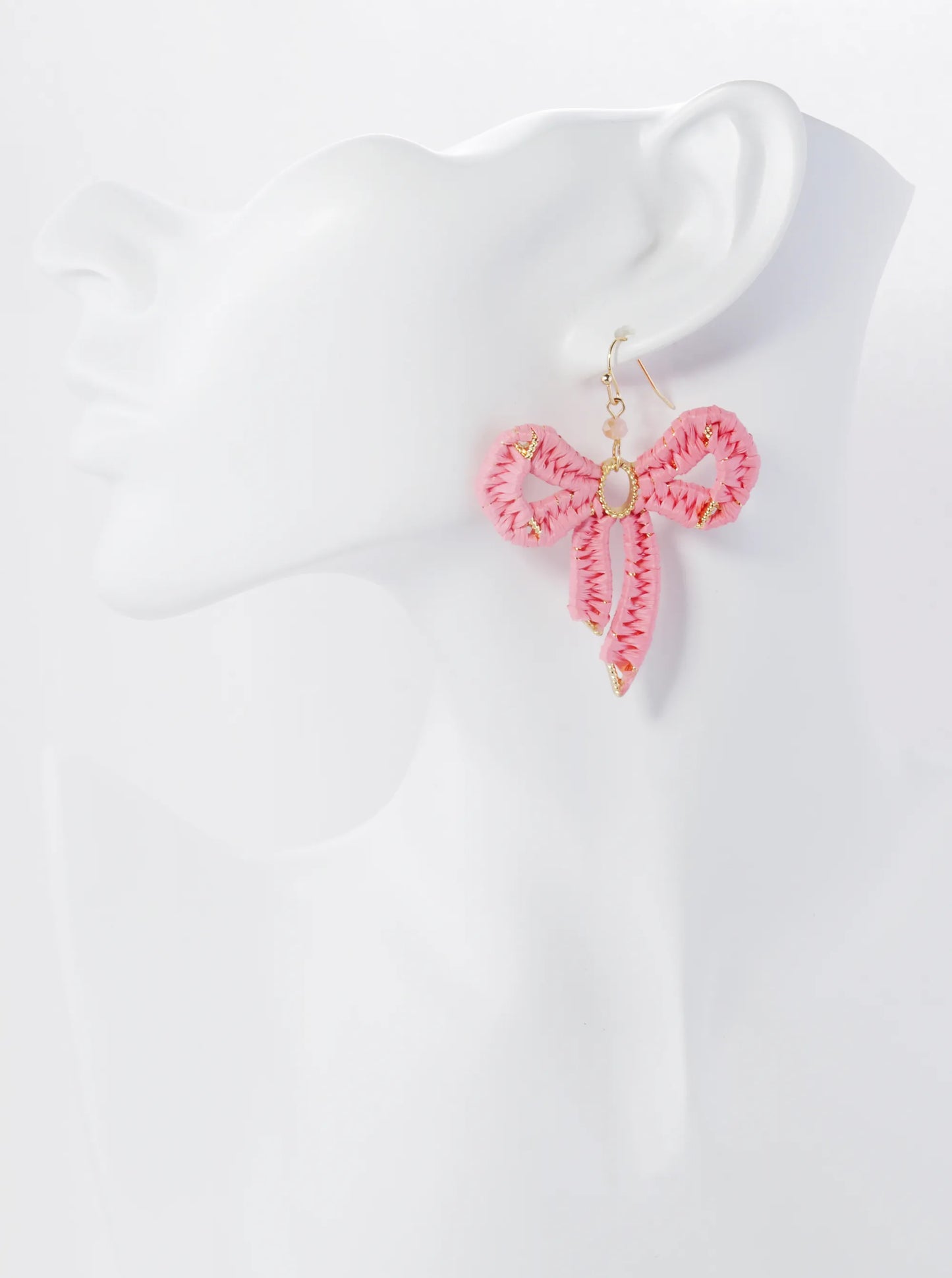 Raffia Wrapped Ribbon Bow Dangle Drop Earrings