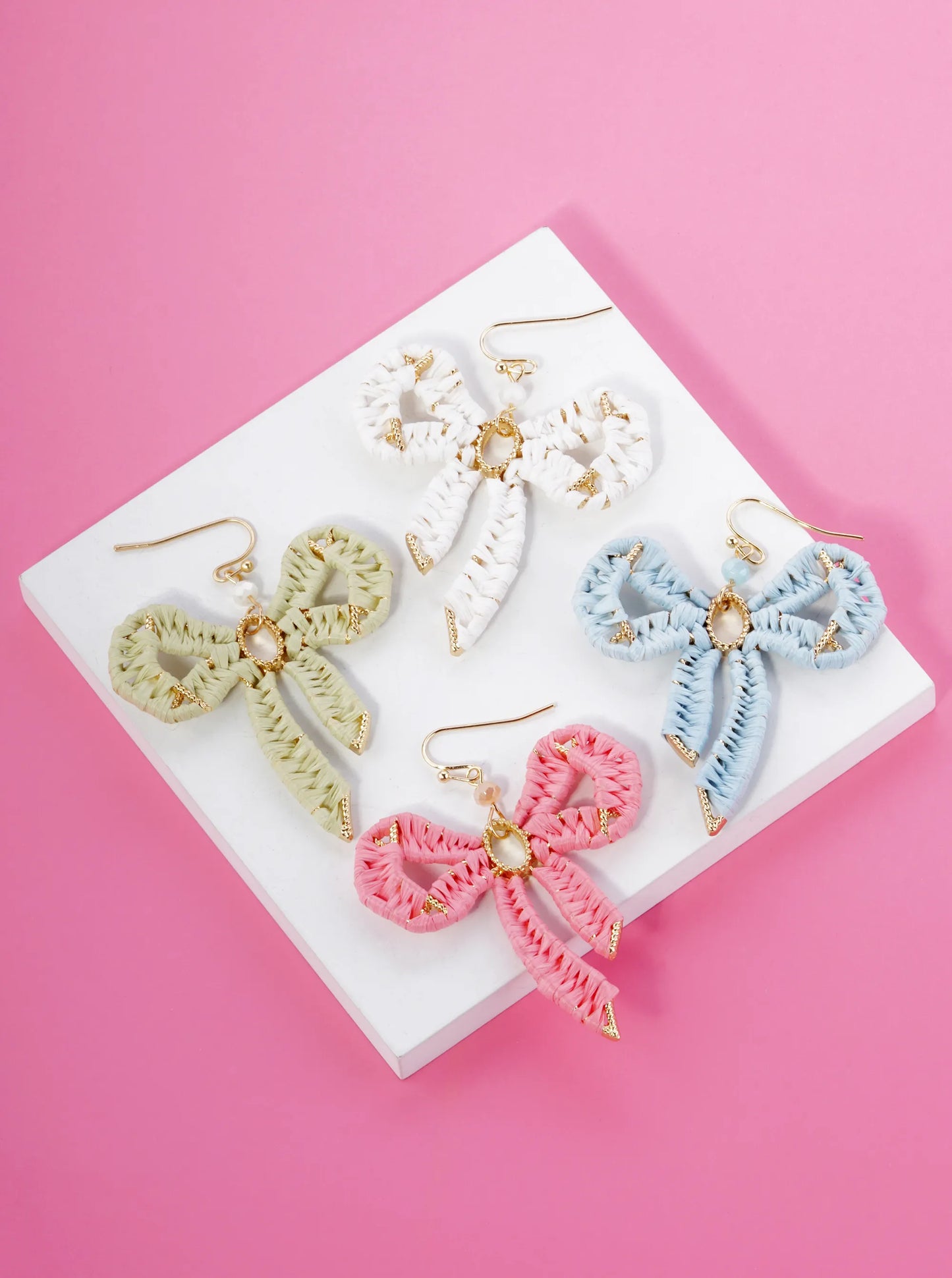 Raffia Wrapped Ribbon Bow Dangle Drop Earrings