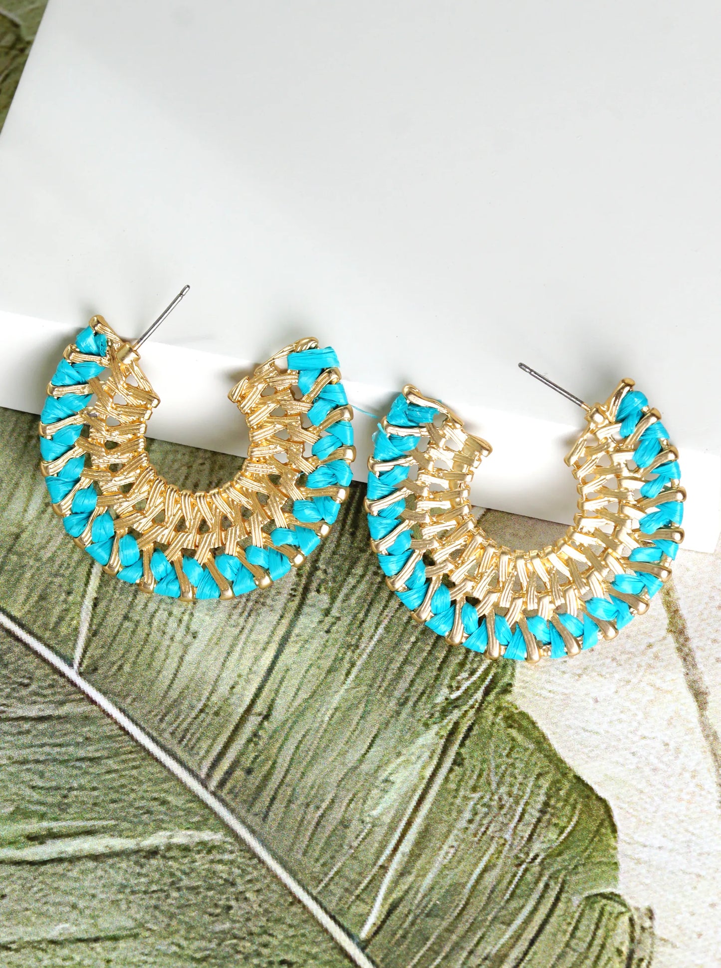 Raffia Wrapped Textured Metal Wide Open Hoop Earrings